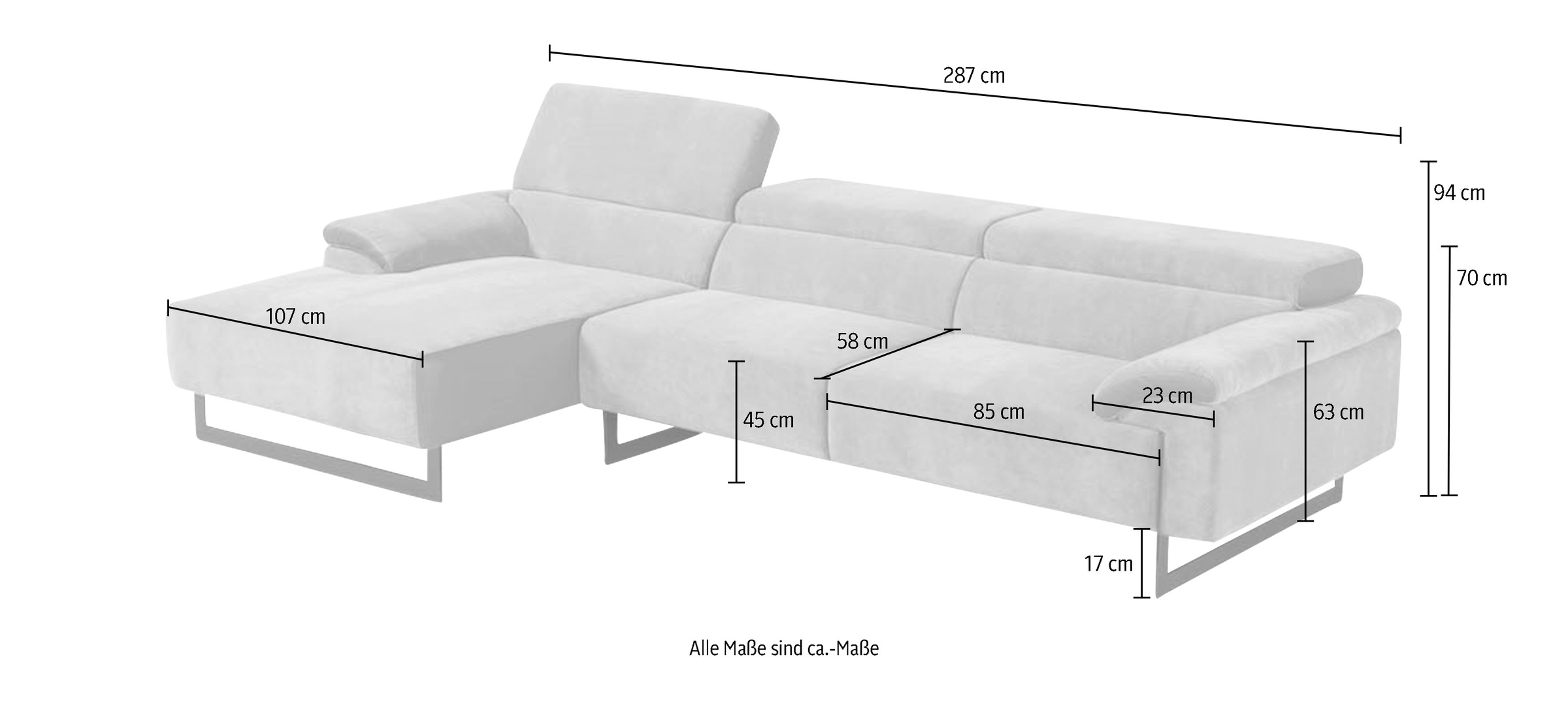 Egoitaliano Ecksofa »Malika, edel und bequem, Designsofa mit hochwertigen Bezügen, L-Form«, mit Recamiere, inkl. Kopfteilverstellung und chromfarbenen Metallfüßen
