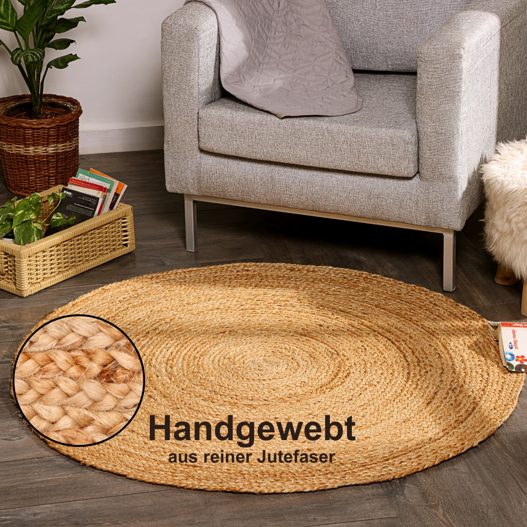 Myflair Möbel & Accessoires "Lola" rund 10 mm Höhe Juteteppich, Wendeteppich, handgeflochten, 100% Naturfaser, Boho-Style