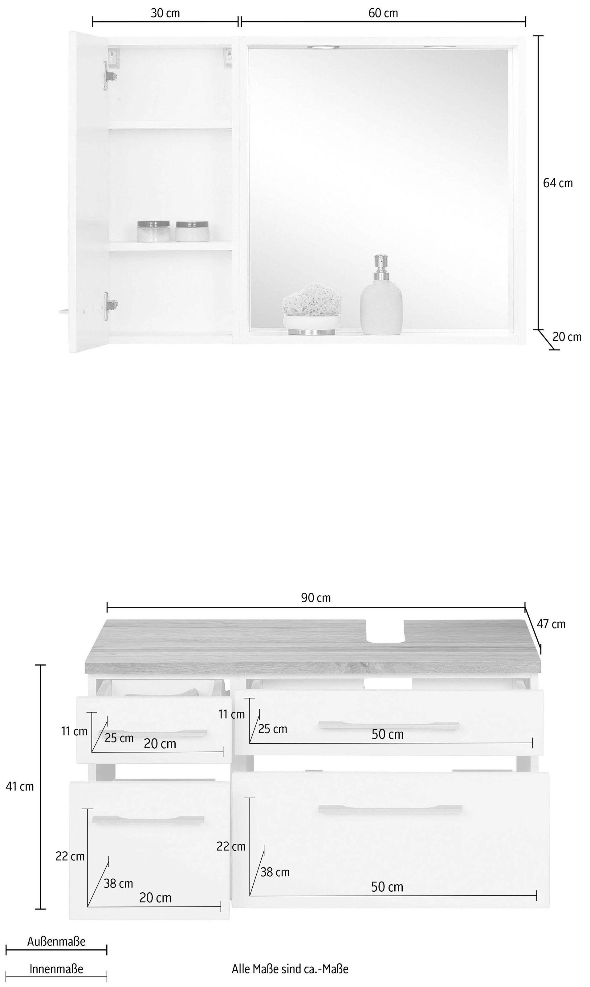 MÖBEL »Davos«, (3 bestellen Waschbeckenunterschrank inklusive Hängeschrank HELD und BAUR Beleuchtung, | St.), Badmöbel-Set