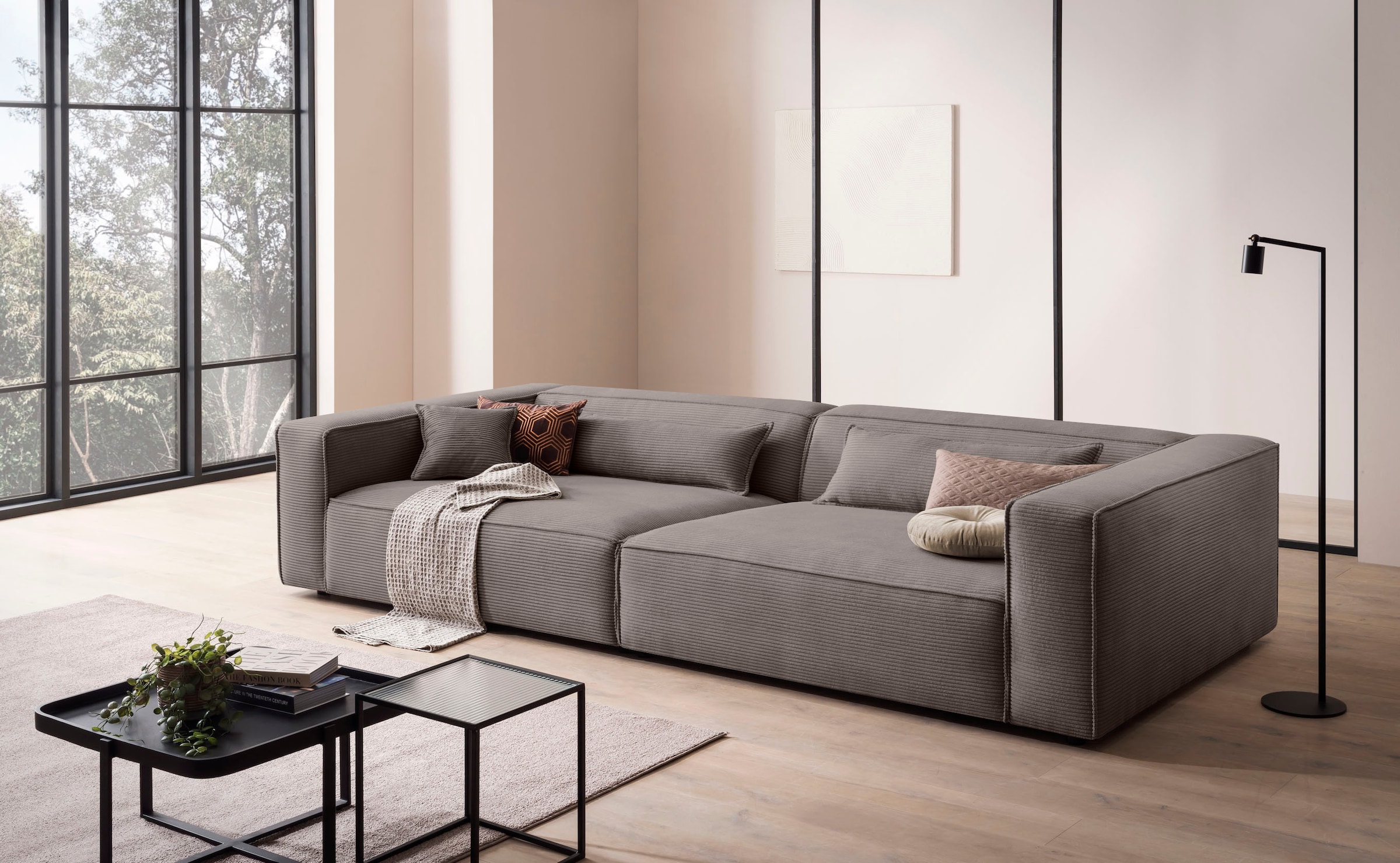 LeGer Home by Lena Gercke 3-Sitzer »PIARA, XXL Sofa mit Kedernaht, Big-Sofa in Cord oder Leinenoptik«, schwarze Füße, bequemer Sitzkomfort, extra tiefe Sitzfläche