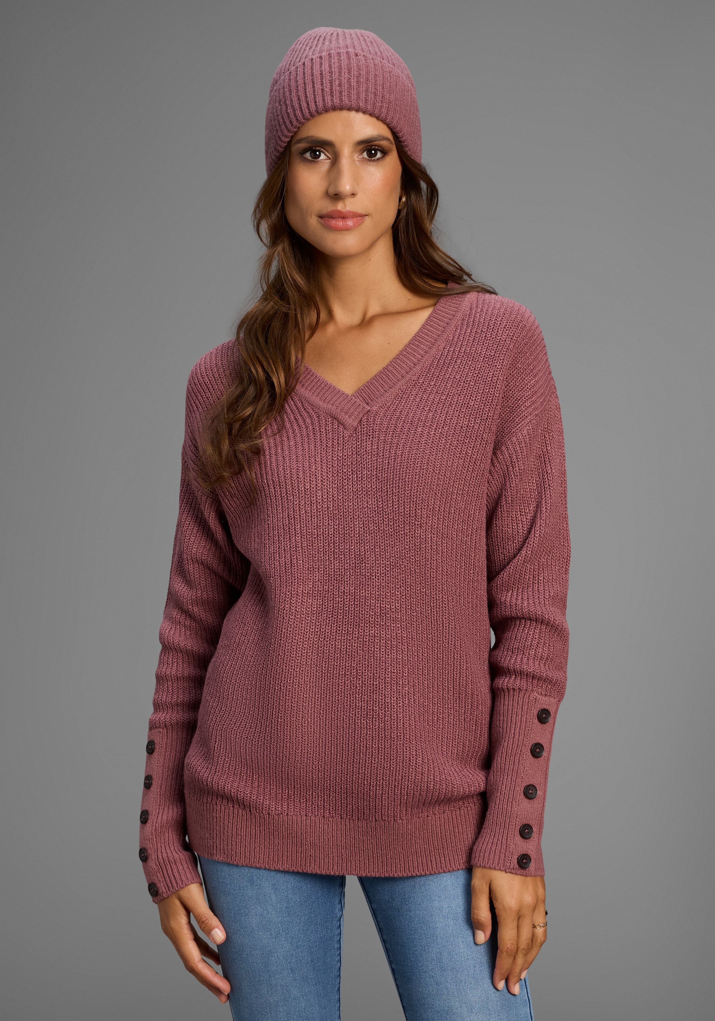 Laura Scott V-Ausschnitt-Pullover Übergangspullover aus Baumwolle mit Knopfleiste