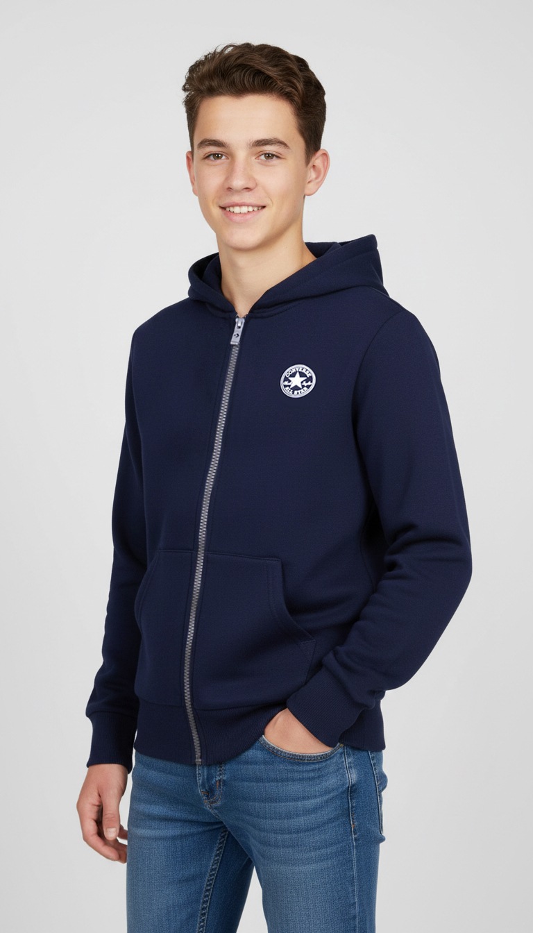 Kapuzensweatjacke CONVERSE "CNVB FLEECE CTP CHEST CORE FZ", Jungen, Gr. 134/140, schwarz (obsidian), Sweatware, Obermaterial: 60% Baumwolle, 40% Polyester, normal, eingesetzt Bündchen krempelbar, Sweatjacken, für Kinder