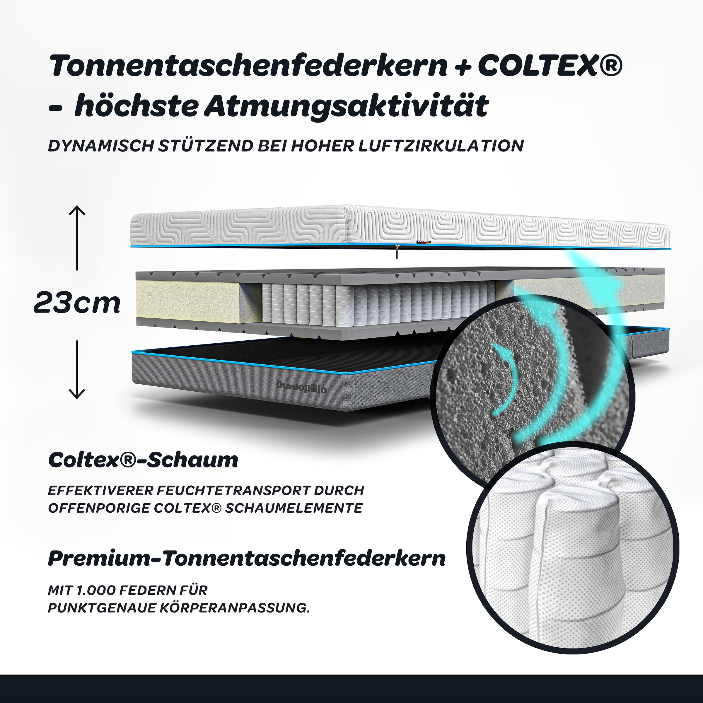 Dunlopillo Taschenfederkernmatratze »Dunlopillo Balance T, Matratze 90x200, 140x200 & mehr, Made in Germany« 23 cm hoch 1.000 Federn 1 Stk. tlg. präzise Körperanpassung & ausgezeichnete Punktelastizität