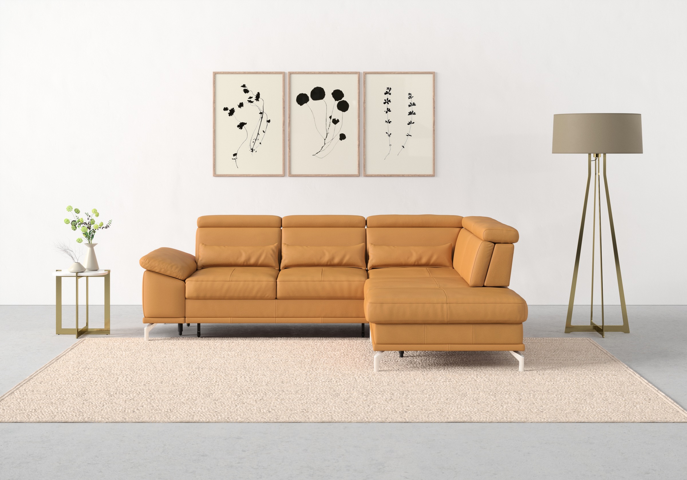 Ecksofa SIT & MORE "Cabrio L-Form, B: 274 cm, mit Sitztiefen-, Arm- & Kopfteilverstellung", gelb (curry), B:274cm H:87cm T:230cm, Sofas, Ecksofa, 3 Nierenkissen, Federkern, optional Bettfunktion und Stauraum 10