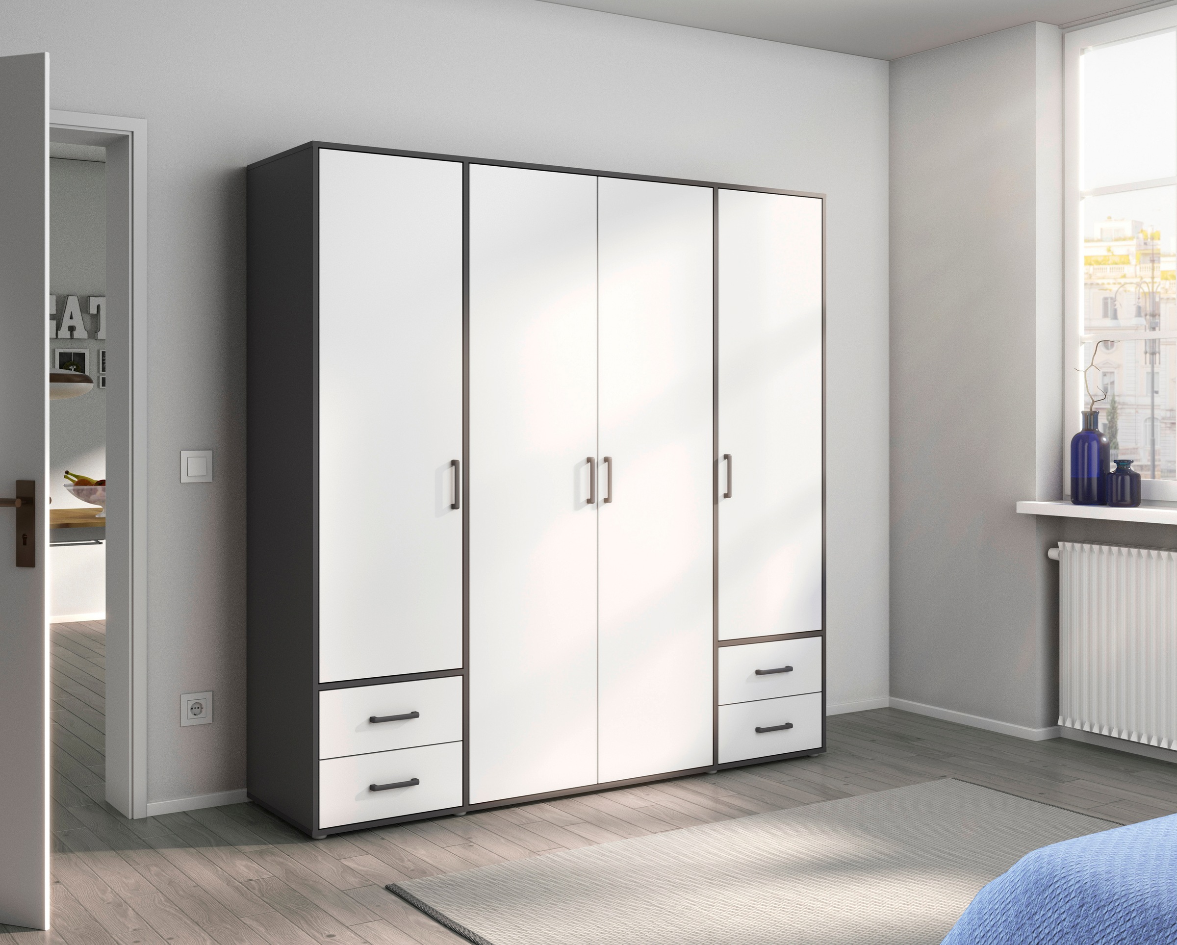 rauch Drehtürenschrank »Kleiderschrank Schrank Garderobe Wäscheschrank VOYAGER«, moderne Griffe in Graumetallic mit Außenschubkästen MADE IN GERMANY