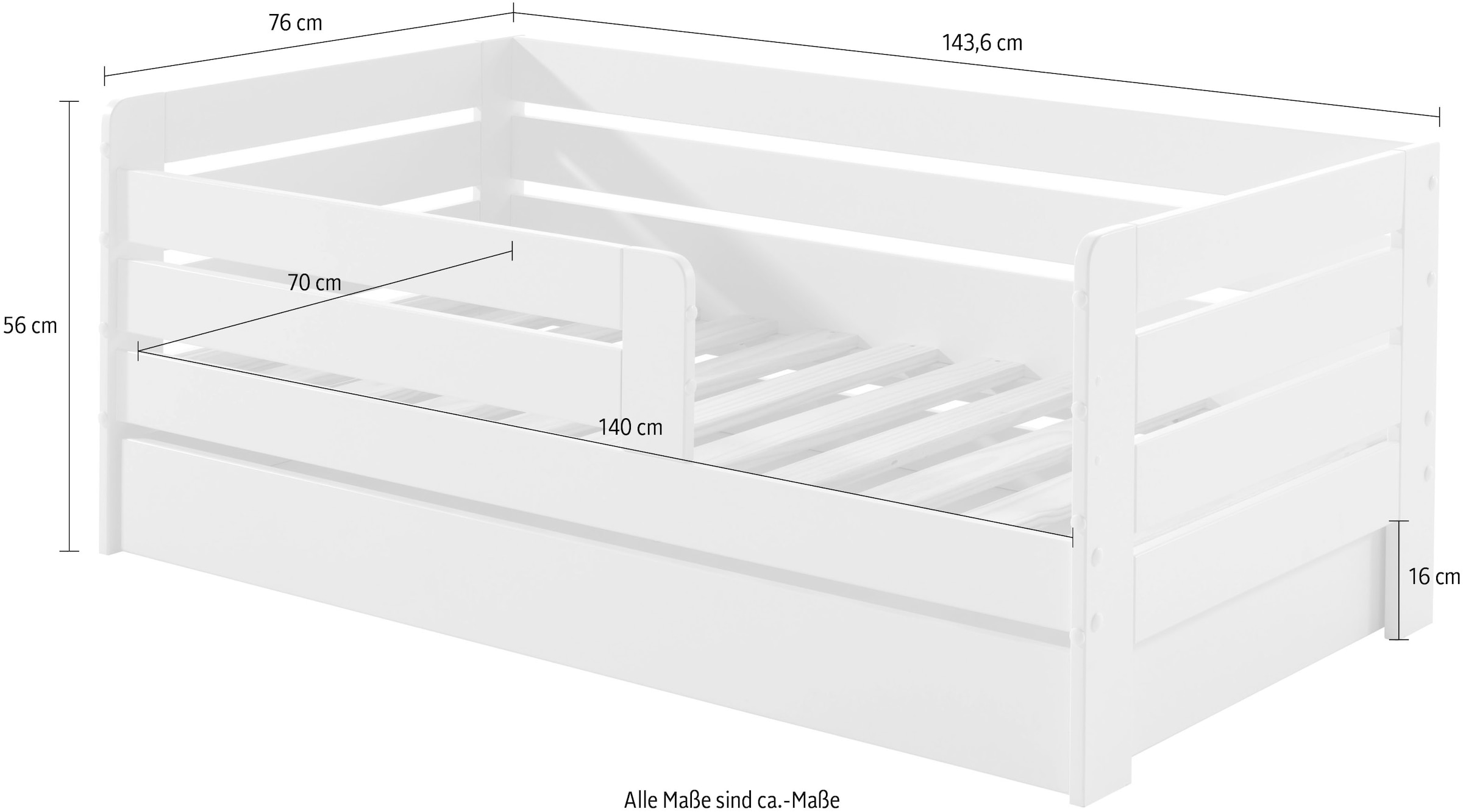 Vipack Kinderbett »Junior, Kiefermassiv mit umlaufendem Absturzschutz und Rolllattenrost«, (B/H/T ca. 143,6x56x70cm, mit niedrigem Betteinstieg), wahlweise in 2 Farben, mit oder ohne Schublade