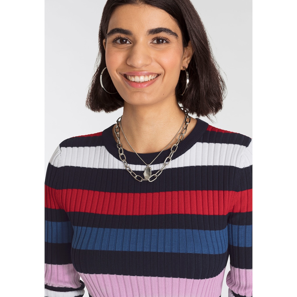 Damenmode Pullover AJC Rundhalspullover, mit multicolor Streifendesign & Rüschenkante - NEUE KOLLEKTION bunt-gestreift