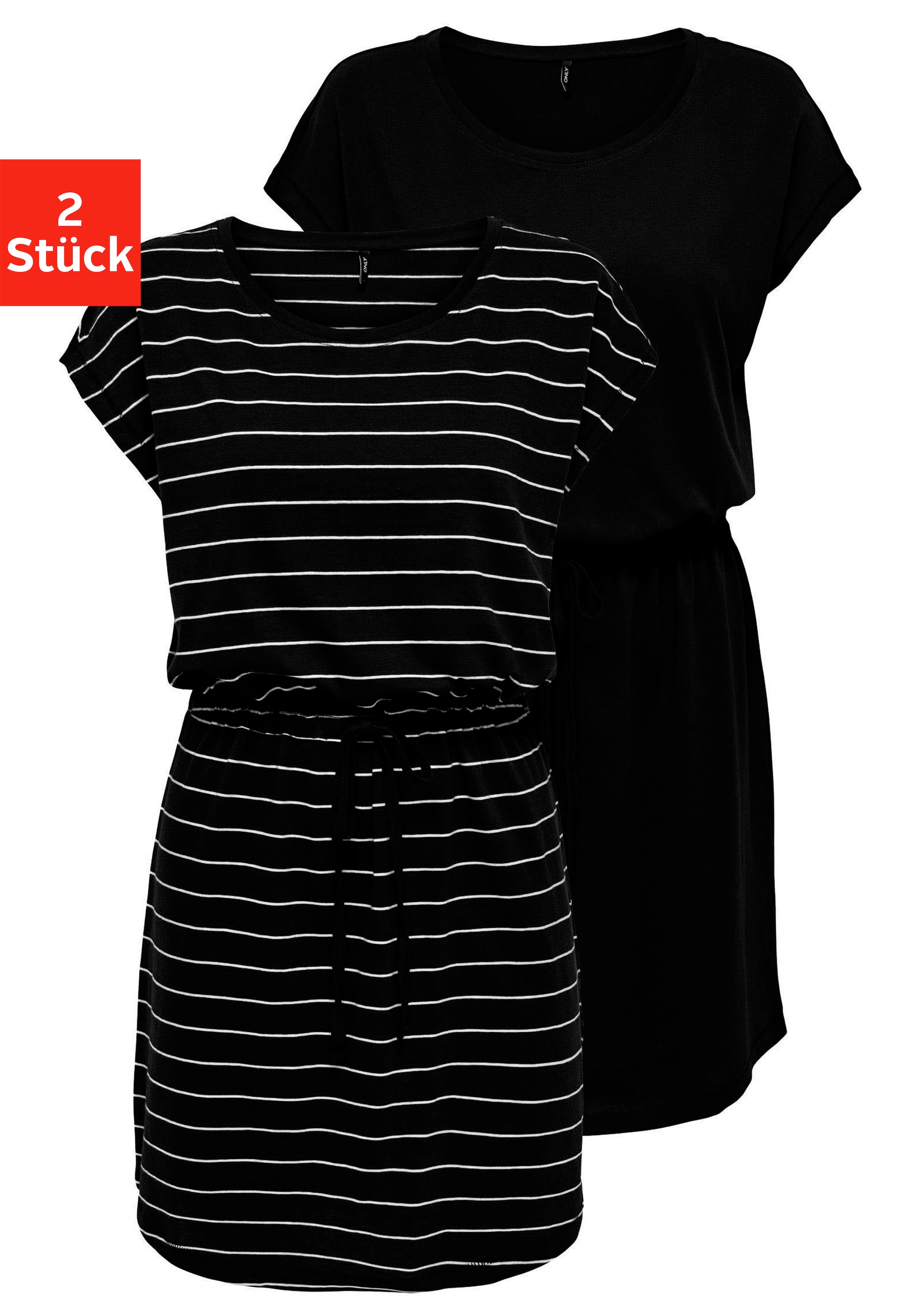 Shirtkleid ONLY "ONLMAY LIFE S/S DRESS 2 PACK CS JRS", Damen, Gr. XS (34), N-Gr, schwarz-weiß (schwarz pack:schwarz stripe cloud dancer), Jersey, Obermaterial: 100% Baumwolle, gestreift, regular fit kurz, Rundhals, Kleider Shirtkleid, Baumwolle, regular f