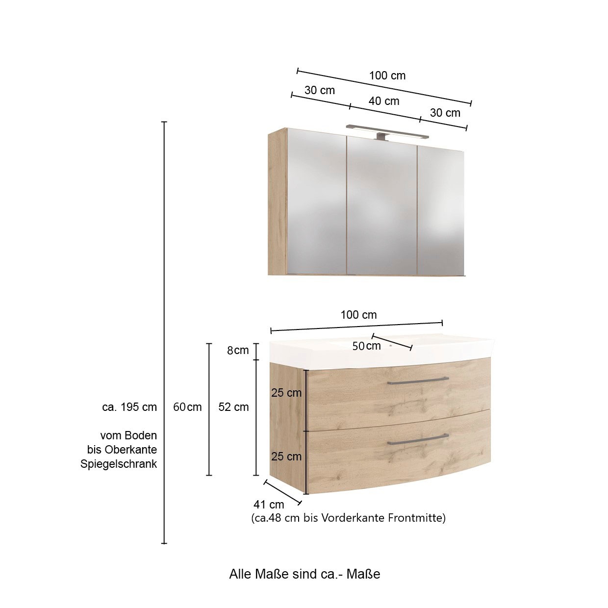 welltime Badmöbel-Set »Chicago«, (3 St., Spiegelschrank, Waschtisch, Midischrank), mit Mineralgussbecken