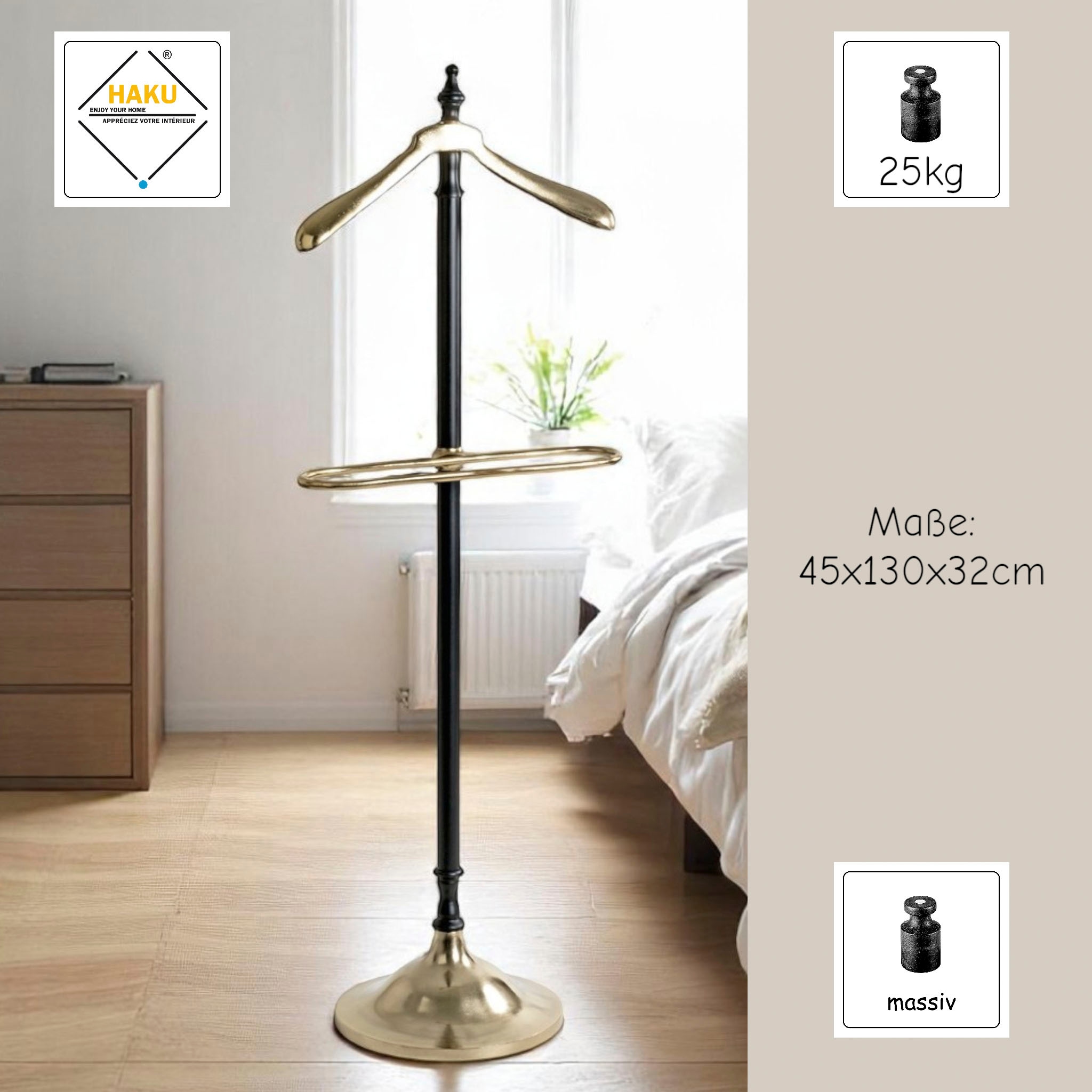 HAKU Herrendiener »Anzugständer, Dressboy, Kleiderboy, Kleiderbutler, Stiller Diener« freiform - aus Metall gold, schwarz -B/T/H 45/32/130 cm