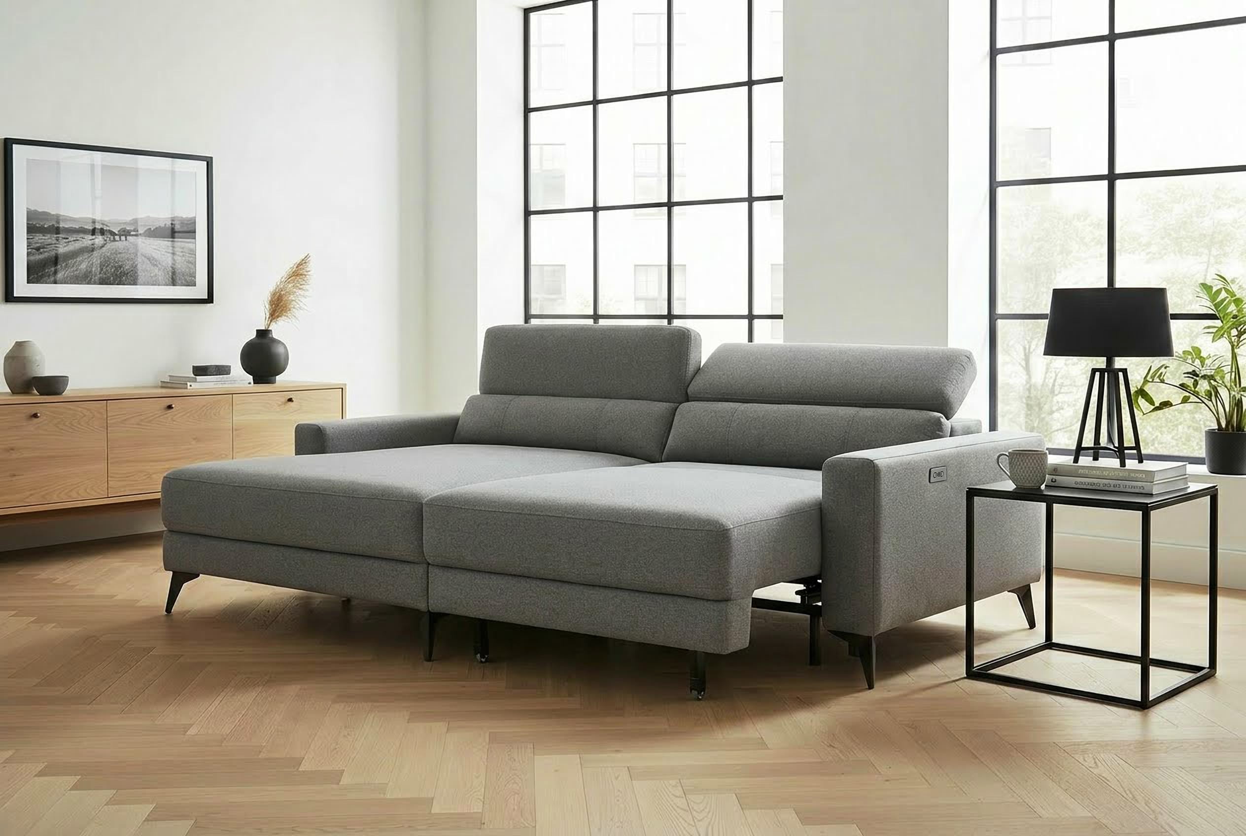OTTO home Ecksofa "LEWII, Schlafsofa elektrisch mit Sitztiefenverstellung, L-Form, 225 cm" mit USB A/C-Anschluss. Federkern, verstellbaren Kopfstützen, Webstoff