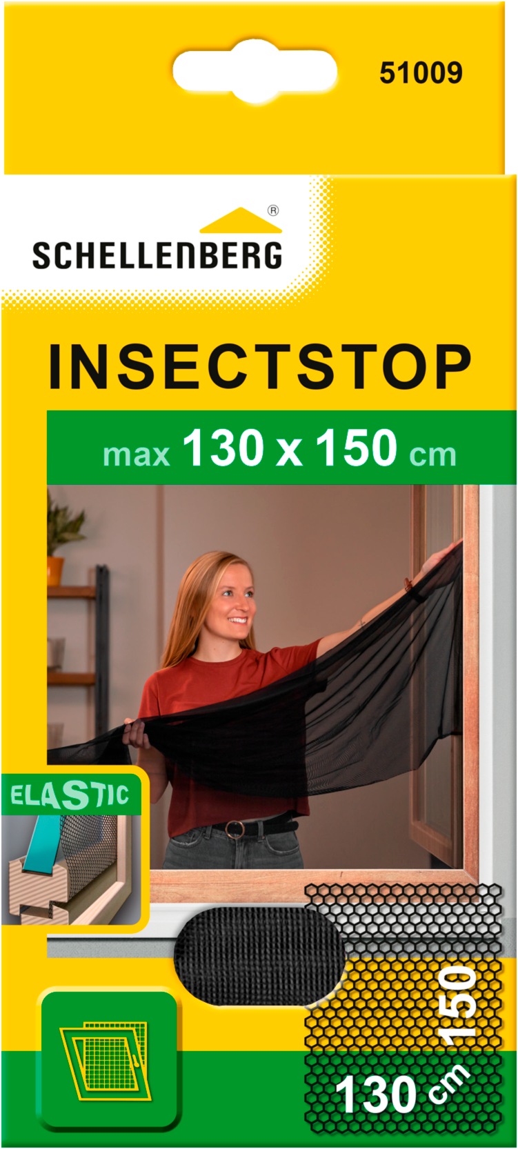 SCHELLENBERG Fliegengitter-Gewebe "Elastic ohne bohren", B/H: 130cm x 150cm, 1er Pack, grau, Insektenschutzgitter, elastischer Insektenschutz für