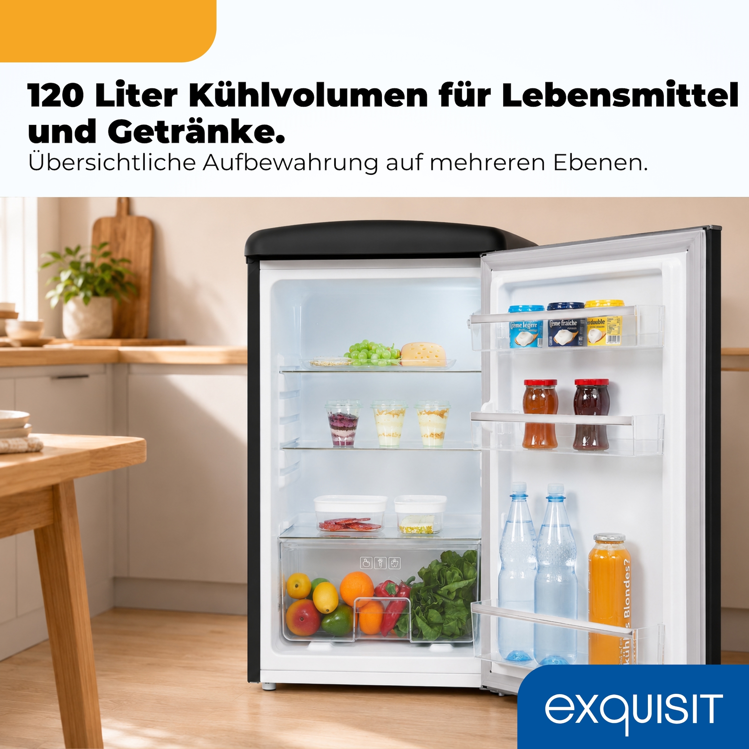 exquisit »RKS120-V-H-160C mattschwarz« 89,5 cm hoch 54,5 cm breit LED-Beleuchtung, verstellbare Glasböden, Retro-Design