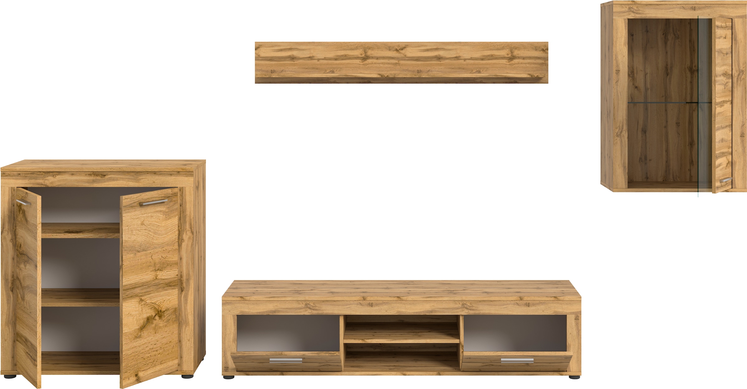 INOSIGN Wohnwand »Aosta, 4-tlg., best. aus: Highboard, Lowboard, Wandboard & Vitrine«, (4 St.), Wohnwand, Kombination, Anbauwand, Möbel Set, Schrankwand, Möbel Kombi