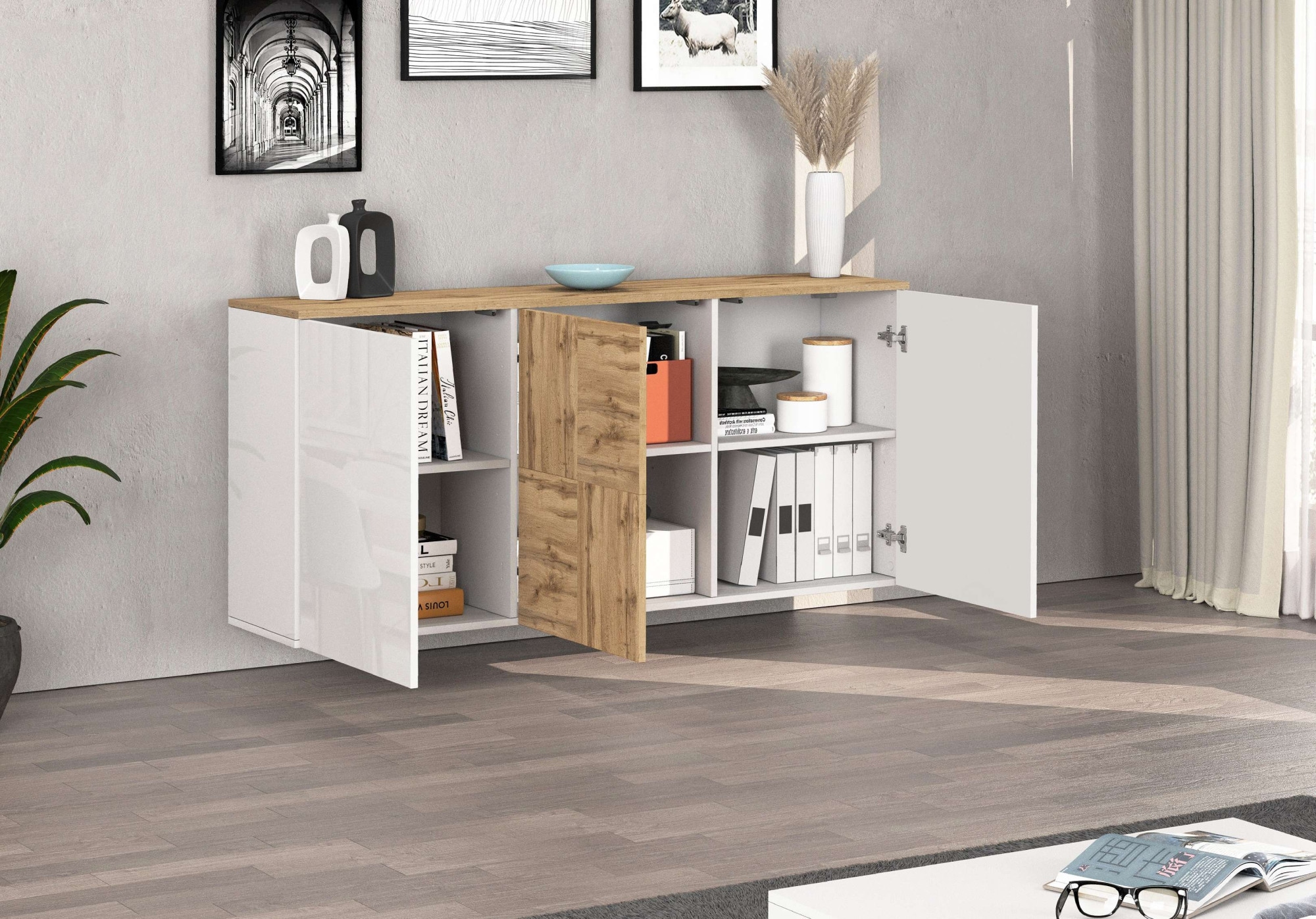 INOSIGN Sideboard »Sideboard ISEO, Kommode, Schrank, Kredenz« 1 Stk. tlg. stehend/hängend, 3 Türen HG lackiert, 6 Fächer, B 150 cm
