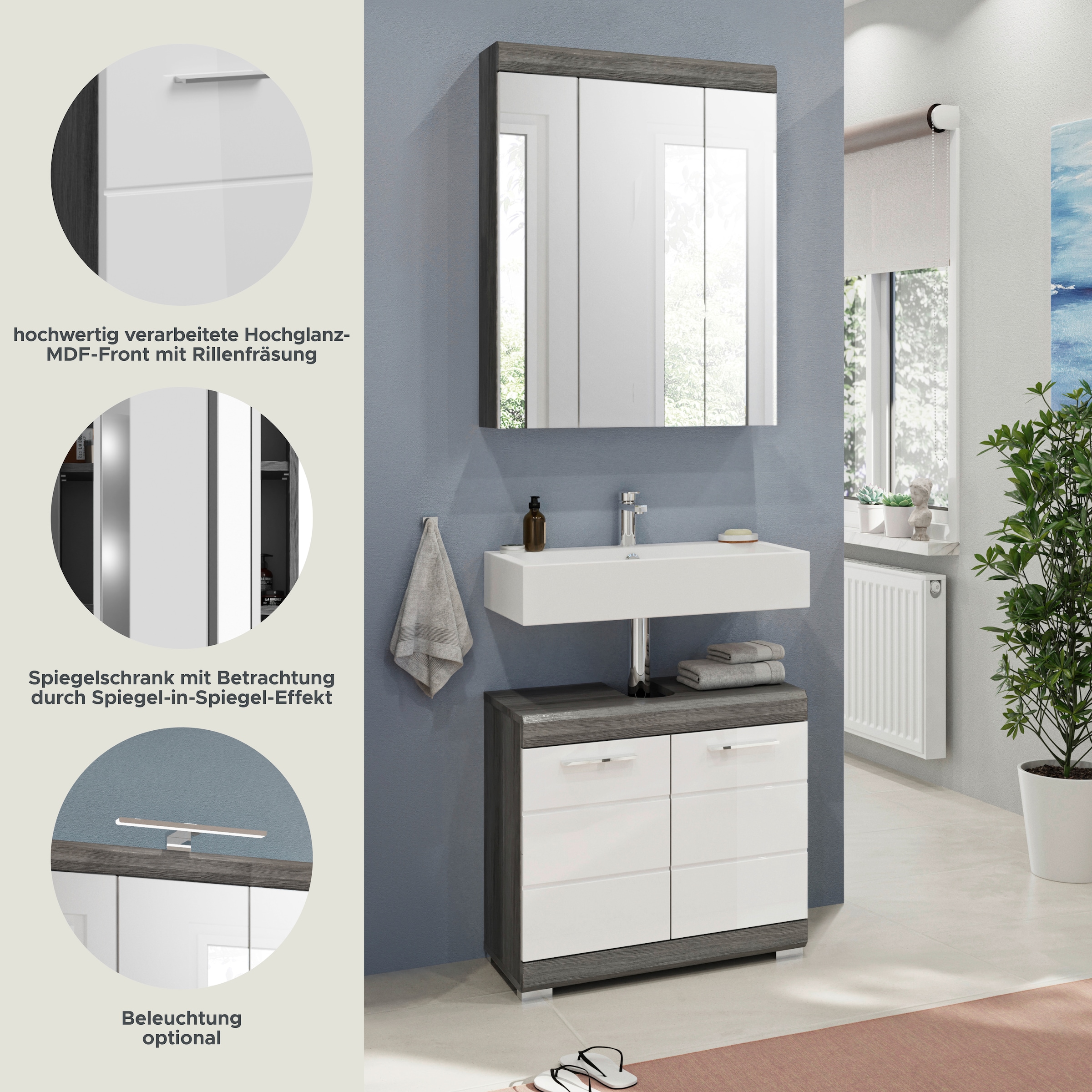 INOSIGN Badmöbel-Set »Siena, 2 tlg., bestehend aus: Waschbeckenunterschrank, Spiegelschrank«, (Set, 2 St.), in verschiedenen Farben erhältlich, Badmöbel, Kombination, Badezimmer