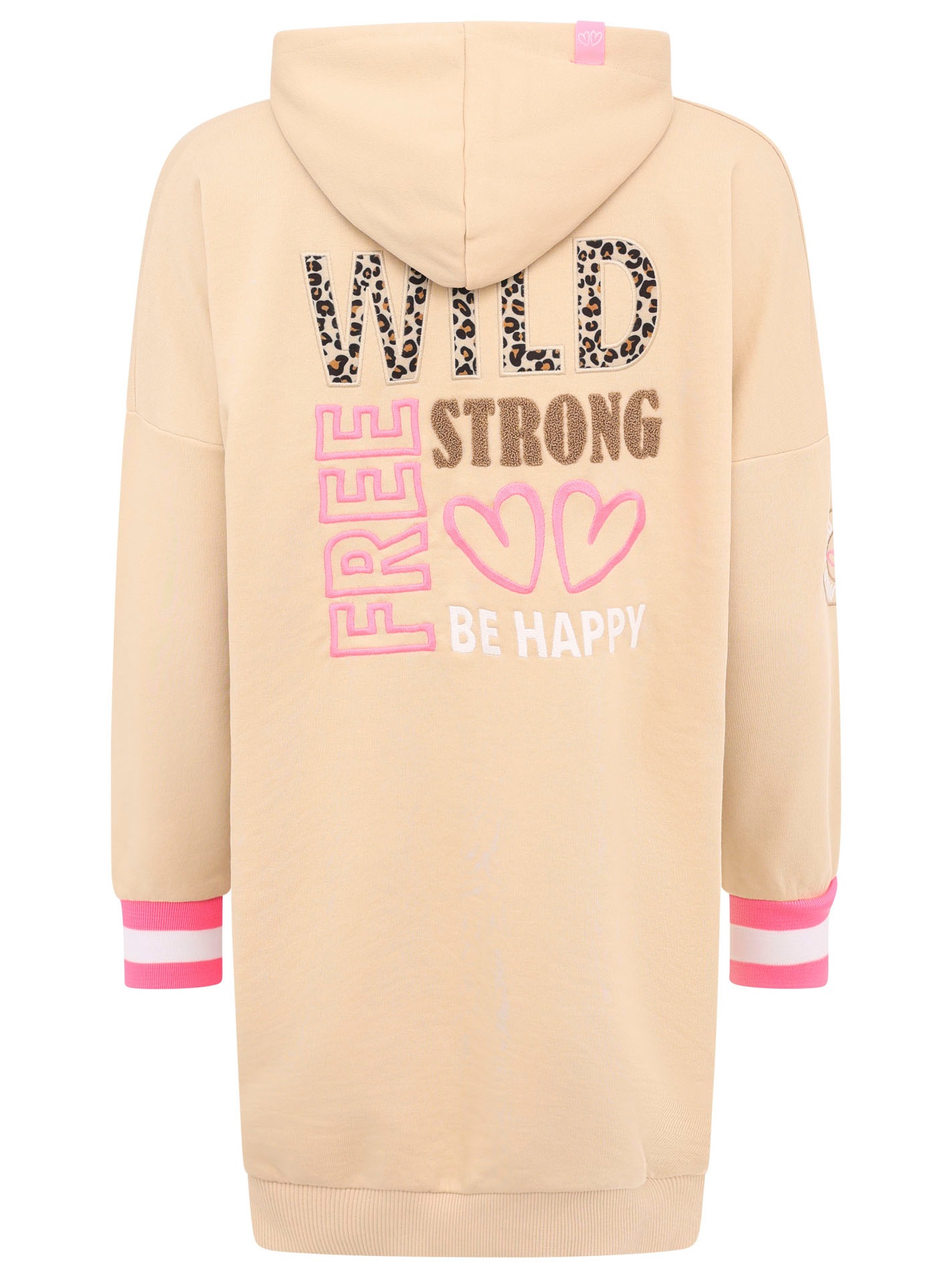 Zwillingsherz Sweatkleid »"Wild Free"«, mit Kapuze, Tasche, Leo-Detail und großer Stickerei hinten