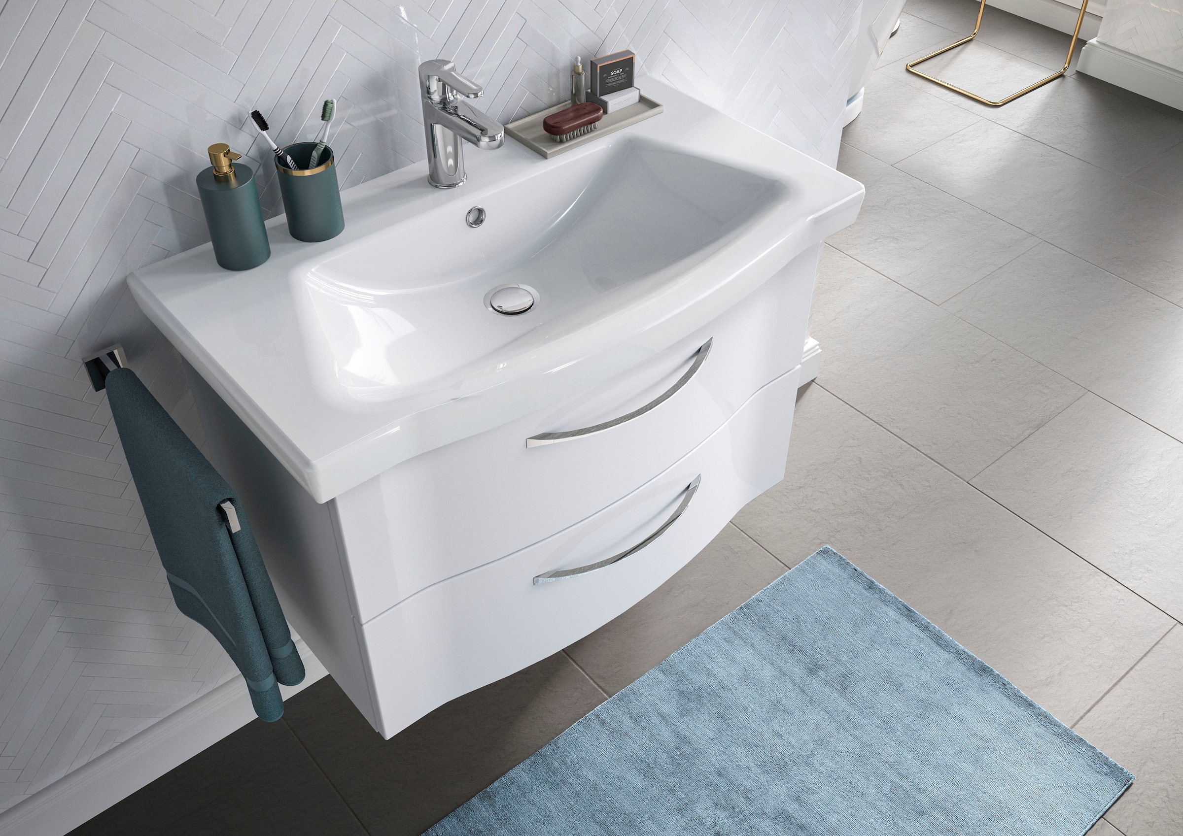 Saphir Badmöbel-Set »6005 Sprint 4-teilig, Keramik-Waschtisch mit LED-Spiegelschrank«, (5 St.), Unterschrank, Midischrank, inkl. Türdämpfer, 4 Türen, 5 Schubladen