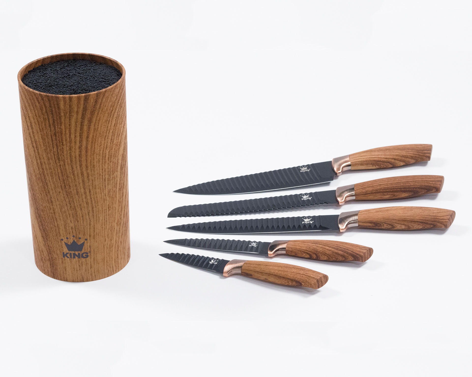 Thumbnail - KING Messerblock "Essential" 6 Stk. Messer mit Wellenschliff, Griffe in Holzoptik, (5 Messer+ Messerblock)
