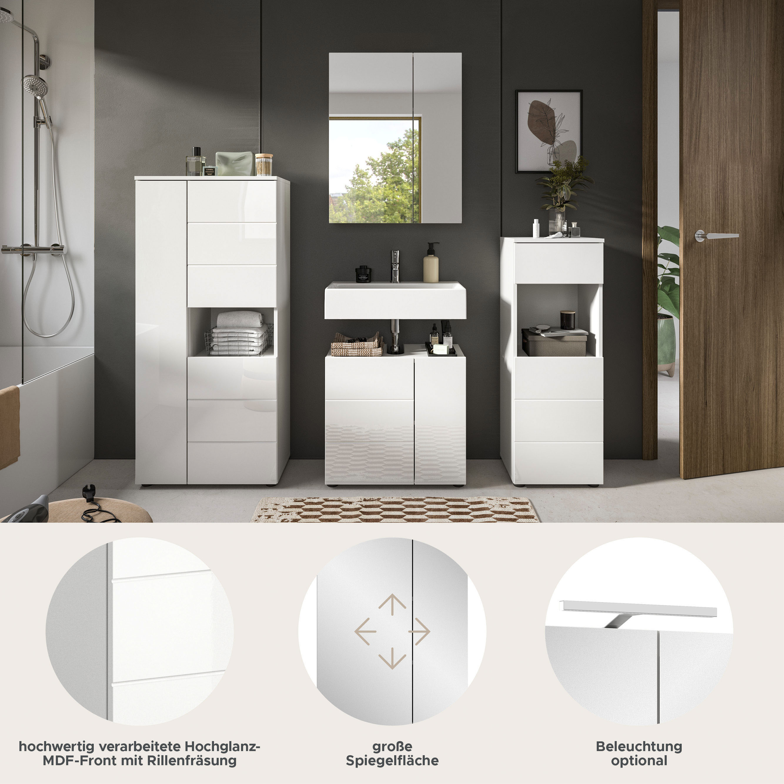 Thumbnail - welltime Badmöbel-Set "Biel, Höhe 190 cm, Midischrank, Unterschrank, Spiegel, Standschrank" 4 Stk. tlg.