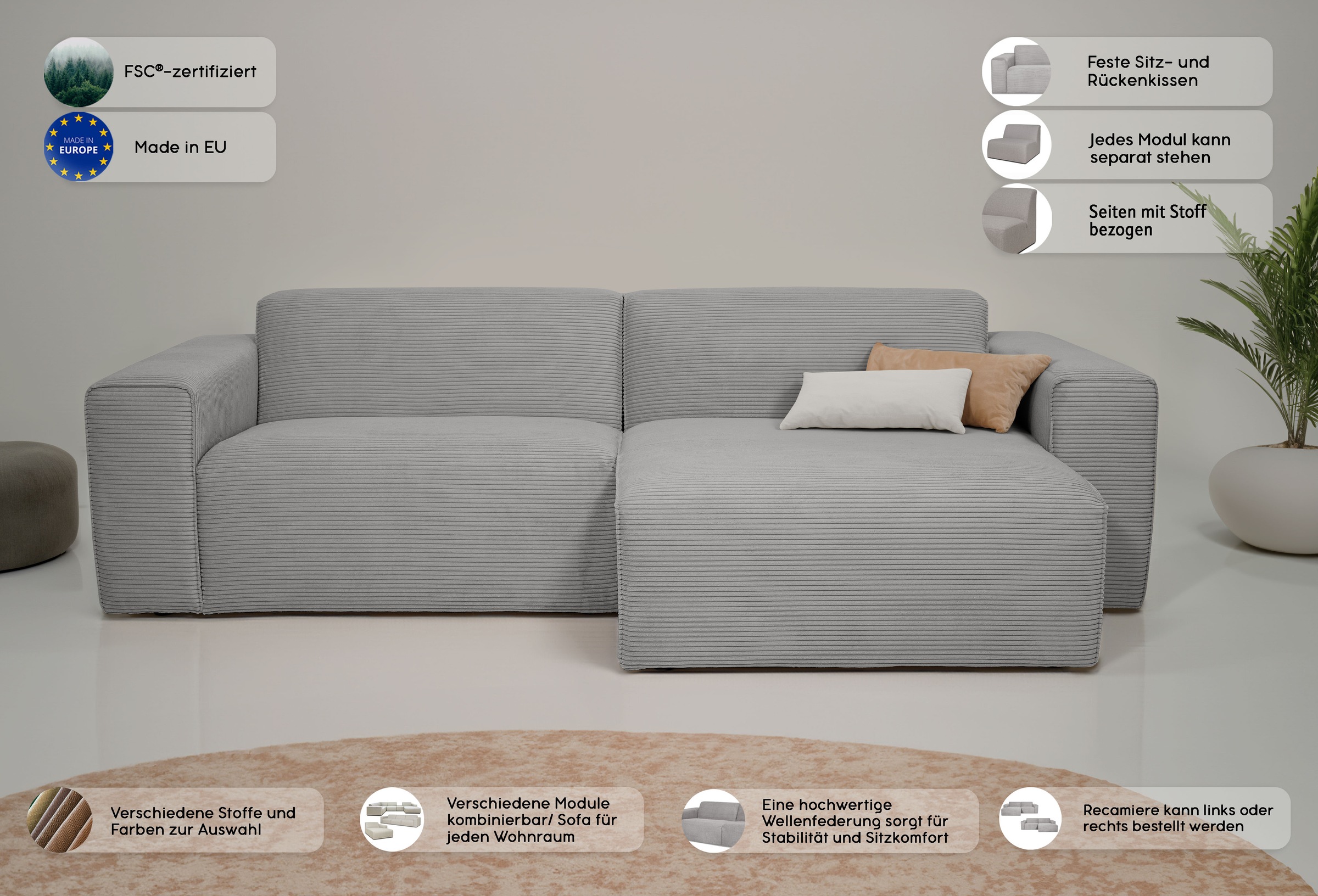 Thumbnail - OTTO home Ecksofa "Koa, 228 cm, L-Form, Modulsofa in Cord, Chenille, Struktur, Webstoff" Designsofa, weicher Lounge-Sitz...