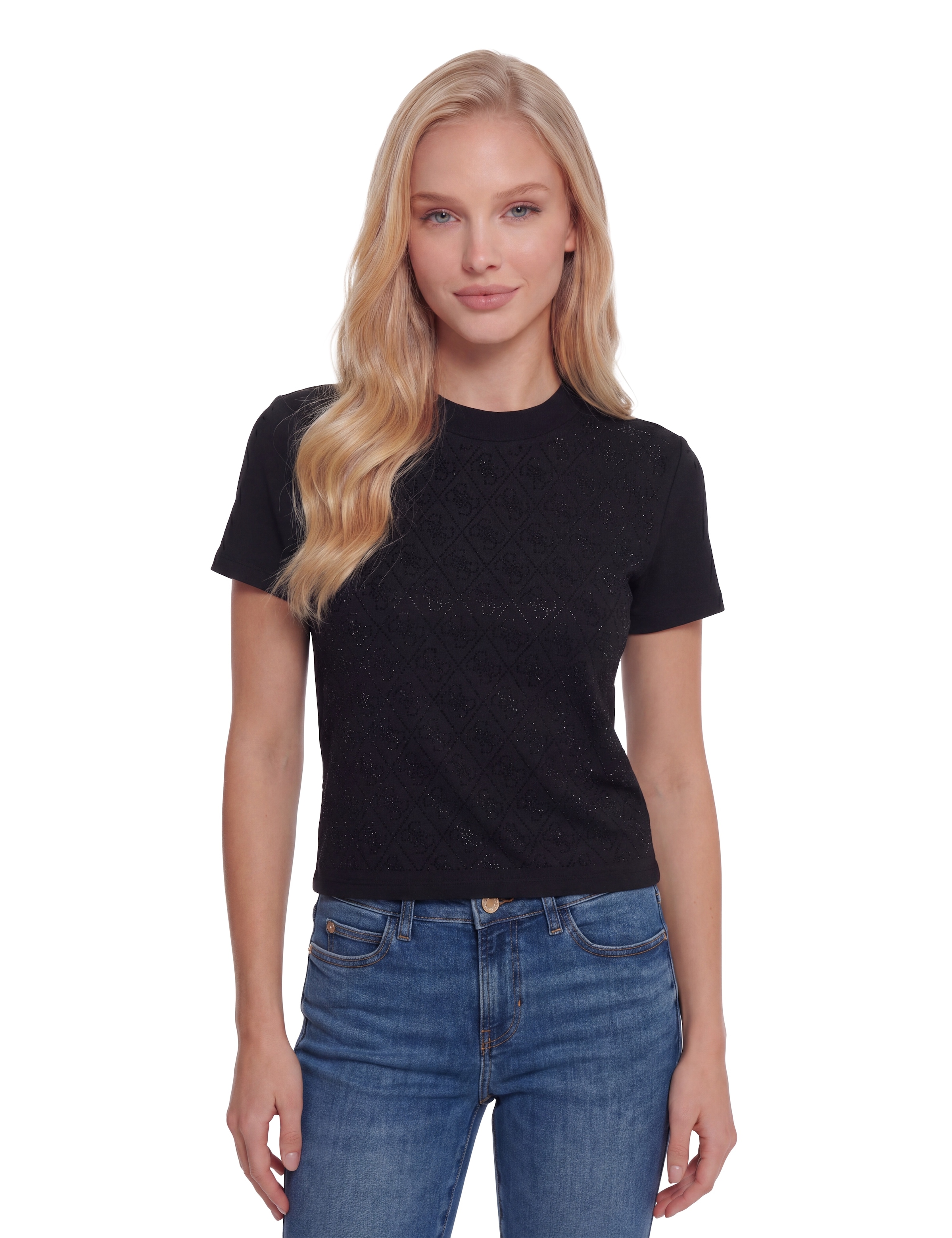 Guess T-Shirt »SS MOCK NECK ALL OVER 4G TEE« mit Strassbesatz, Slim Fit