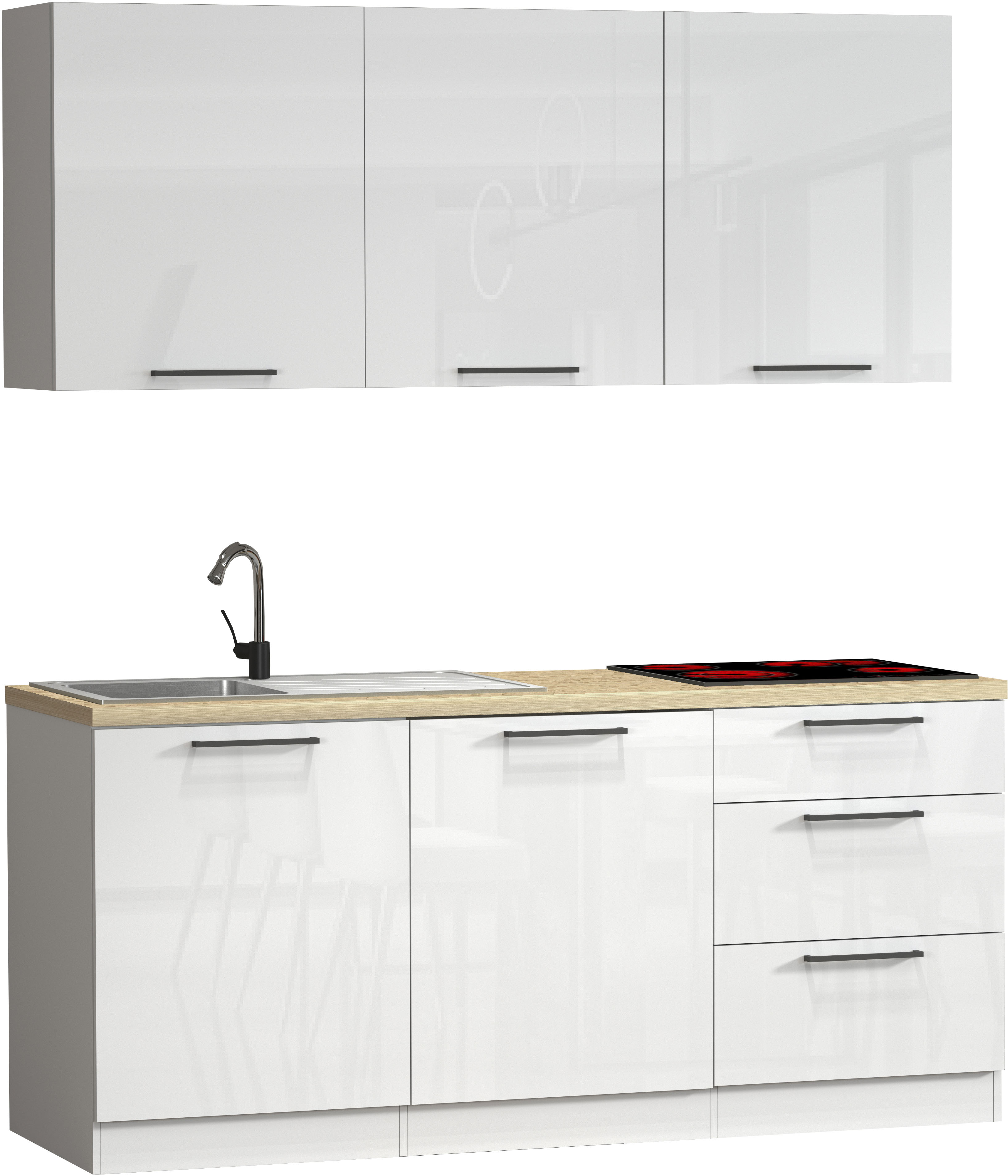 KOCHSTATION "Luna, Küchenzeile mit Spüle + Siphon, ohne E-Geräte" Breite 182 cm,Türen mit Soft-Close Funktion, Metalgriffe,Made in Italy