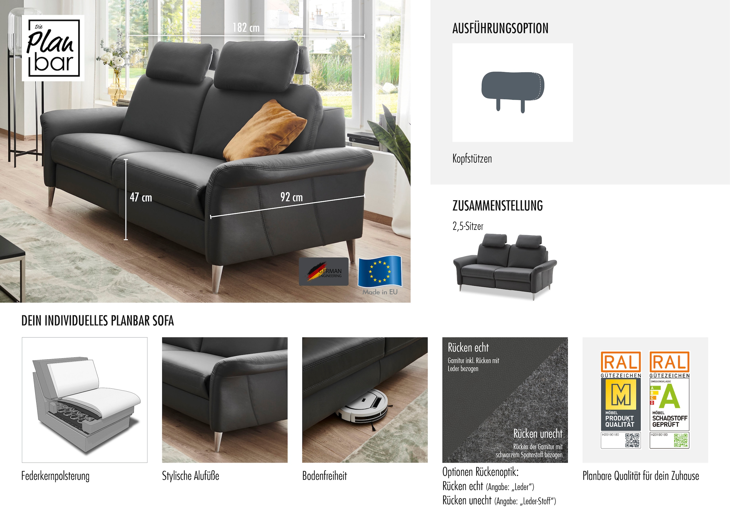 Die PlanBar 2,5-Sitzer »PN-EM23187 mit Kopfstützen«, (Breite 182 cm), Mit Kopfstützen und Federkernpolsterung, Bezug aus Leder