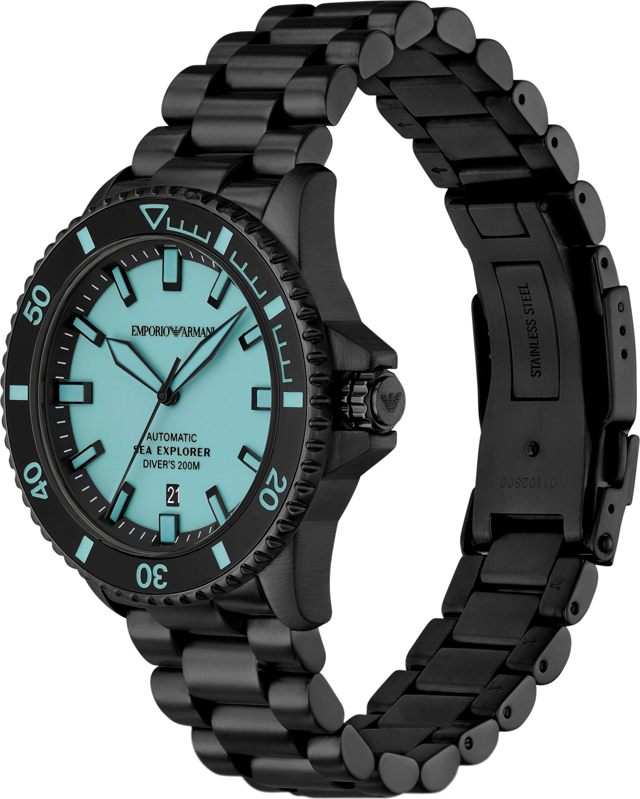 Emporio Armani Automatikuhr, Armbanduhr, Herrenuhr, Mechanische Uhr, Edelstahlarmband, analog, Tag