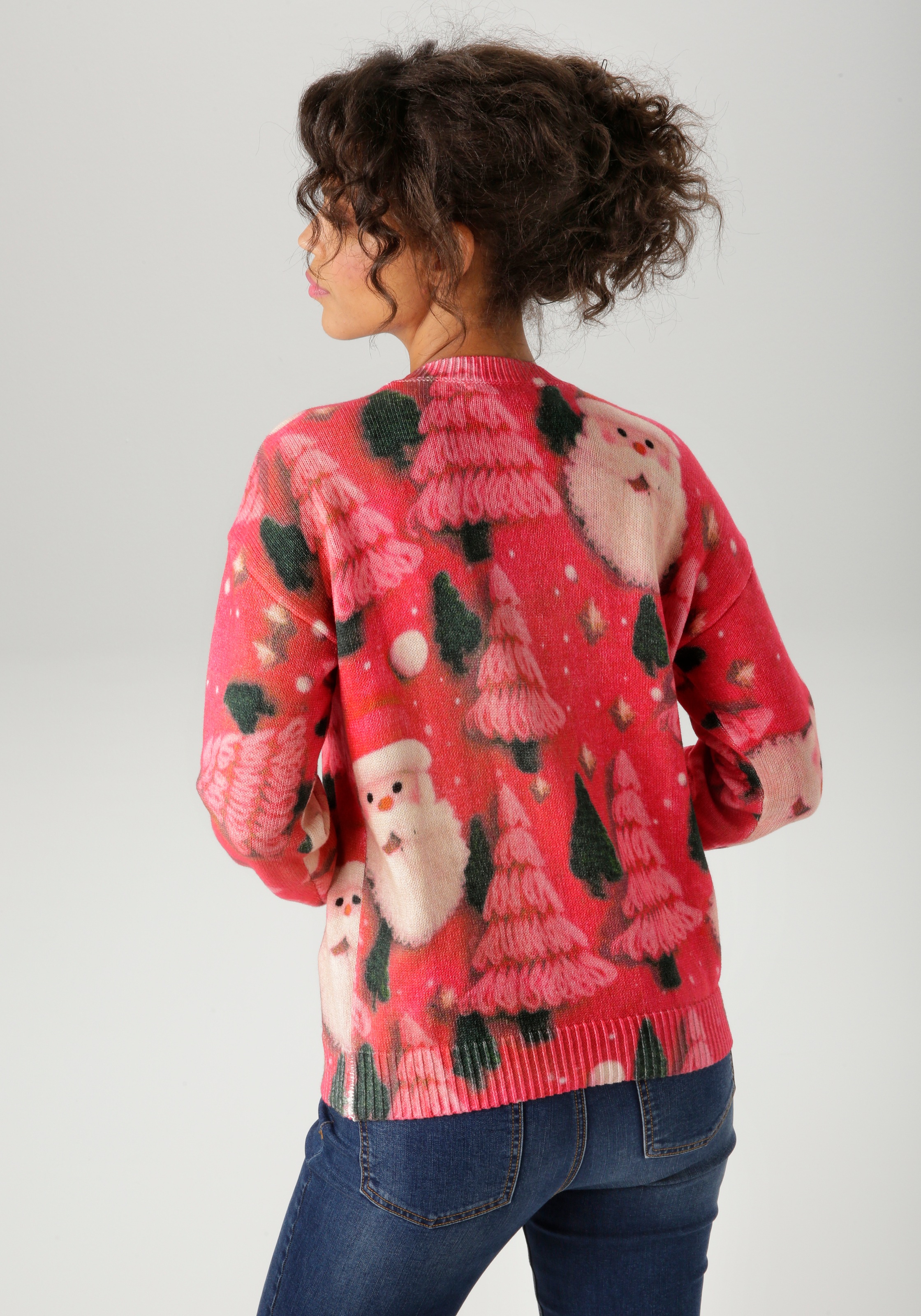 Aniston CASUAL Weihnachtspullover kunstvoll mit Tannen und Nikolaus-Köpfen günstig online kaufen
