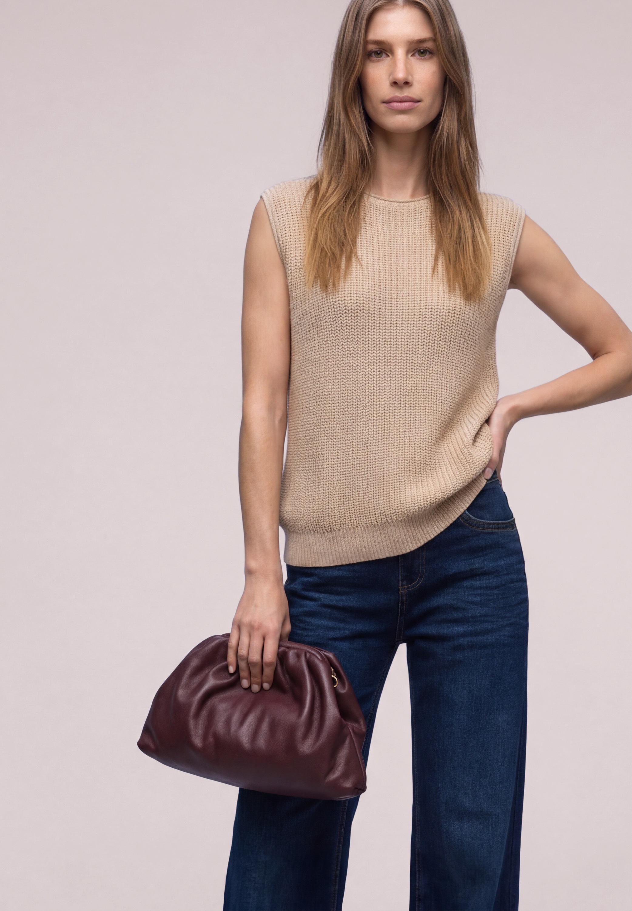 Pullunder STREET ONE, Damen, Gr. 46, cotton beige, Strick, Obermaterial: 60% Baumwolle, 40% Polyacryl, unifarben, lässig geschnitten hüftbedeckend, Rundhals, Pullover Pullunder, in Strick-Optik 2