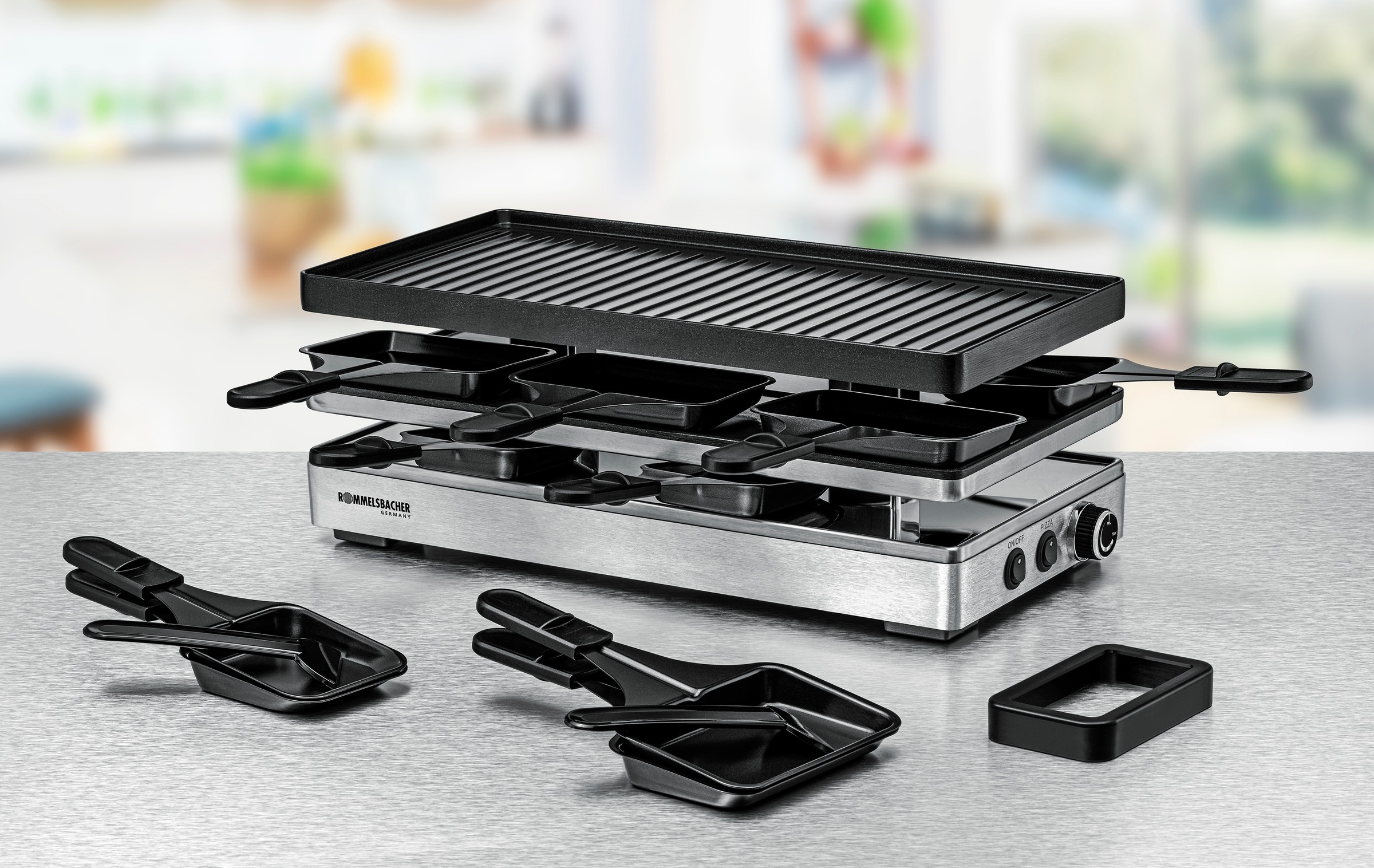 Rommelsbacher Raclette »RCP 1800« 14 Stk. Raclettepfännchen 1.800 W Pizza-Ebene mit zusätzlicher Heizung für knusprigen Teigboden