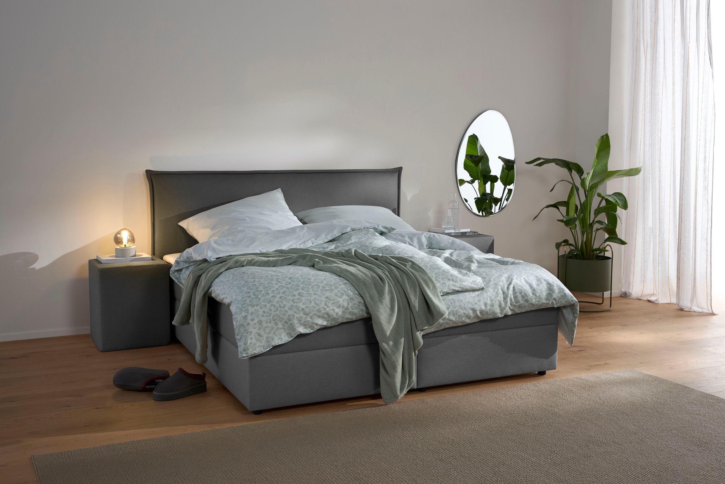 Boxbett S.OLIVER "Alissia inkl. Bettkasten und Topper- frei im Raum stellbar", anthrazit, B:198cm L:206cm, Komplettbetten, wahlweise mit Bonnell- oder TTFK-Matratze in H2, H3 o. H4 erhältlich