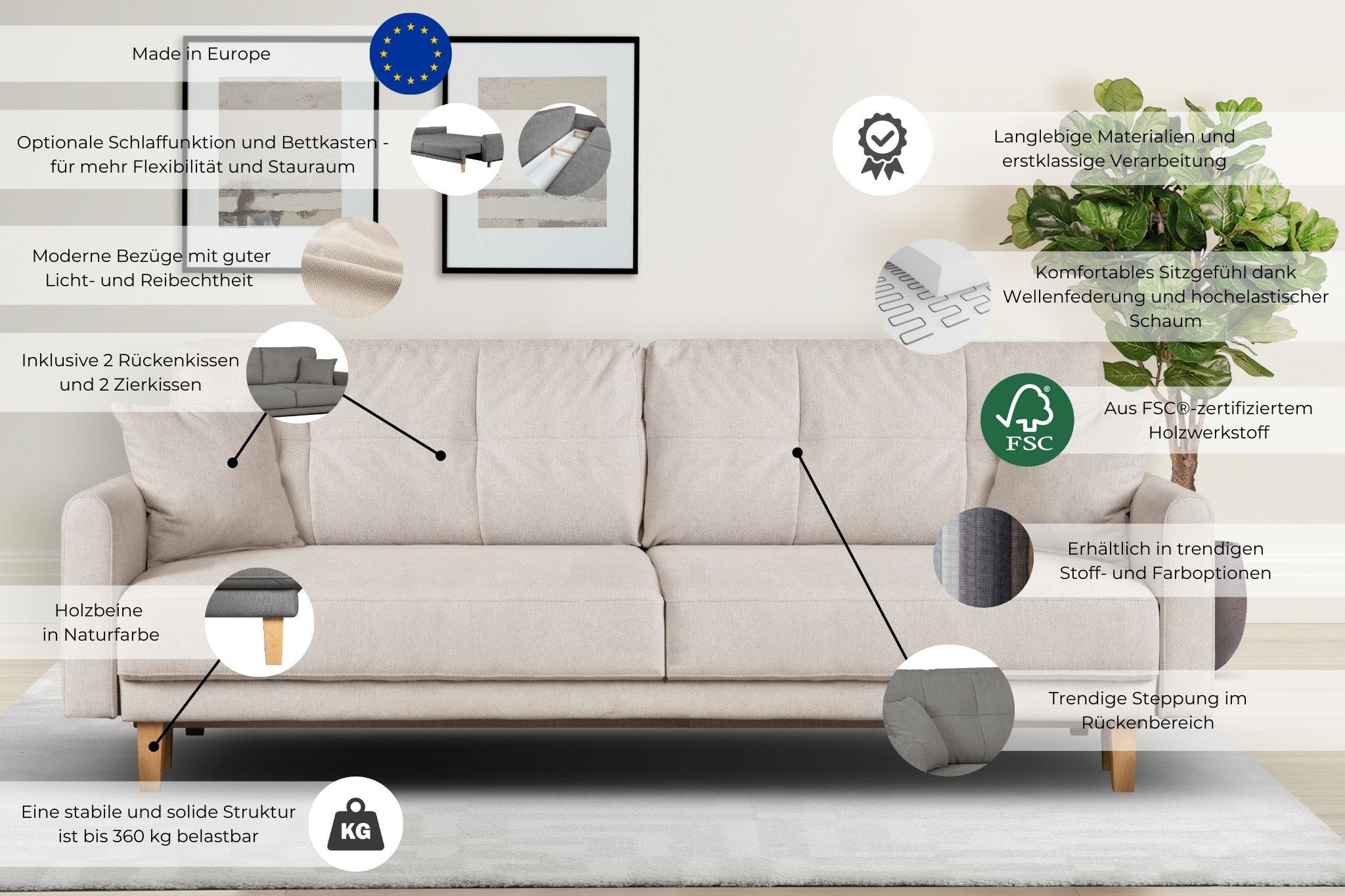 3-Sitzer HOME AFFAIRE "TRIPLO optionale Schlafsofa mit Bettkasten, Maße B/T/H: 215/100/89 cm", beige, B:215cm H:89cm T:100cm, 88% Polyester, 9% Rayon, 3% Nylon, Sofas, Wahlweise Bettfunktion - Liegefläche 145x191 cm, Rücken-, Zierkissen 2