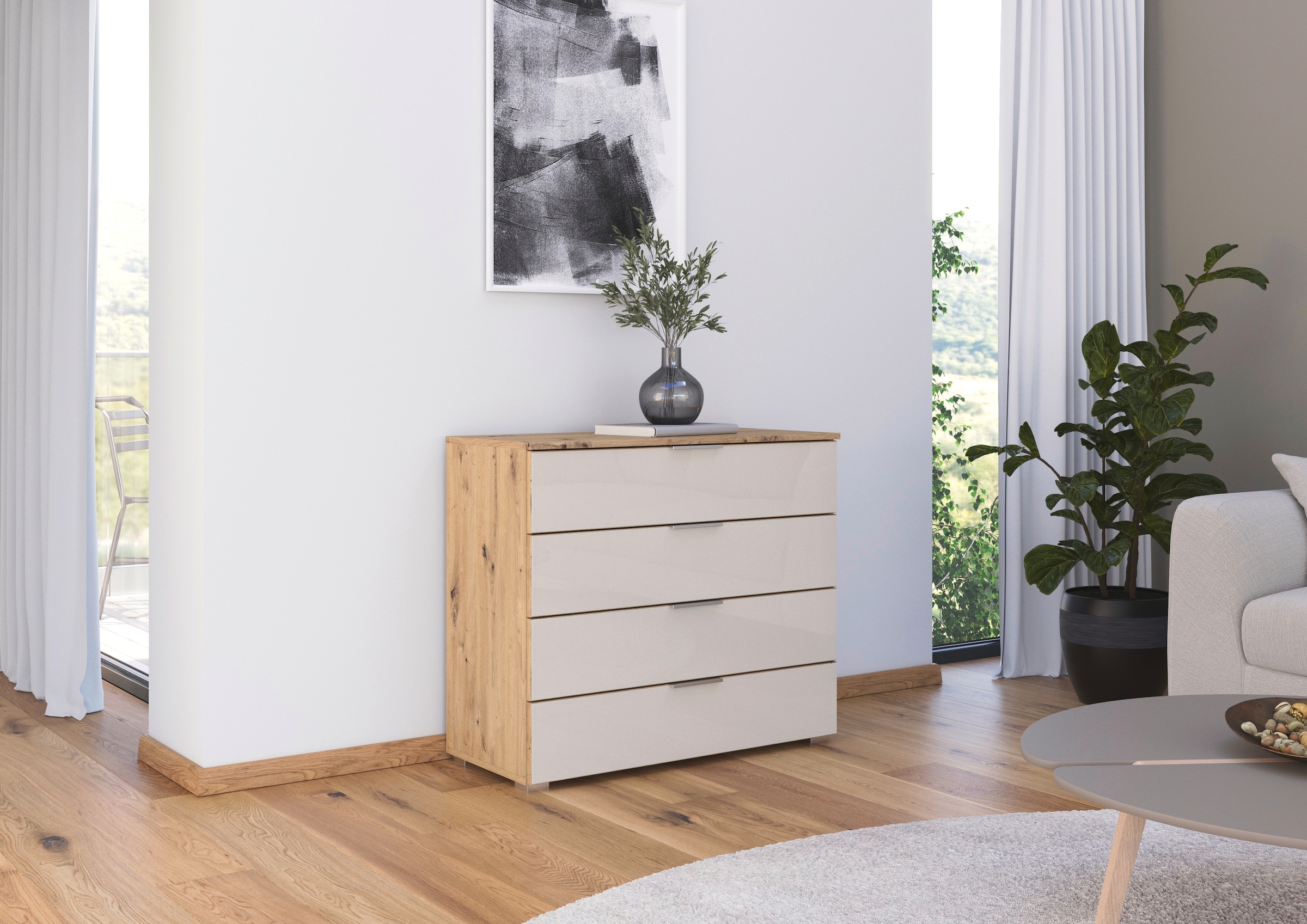 rauch Kommode "Sideboard Schubladenkommode Schubladenkommode AGORDO mit Glasfront", Breite 93 cm mit 4 großen Schubladen