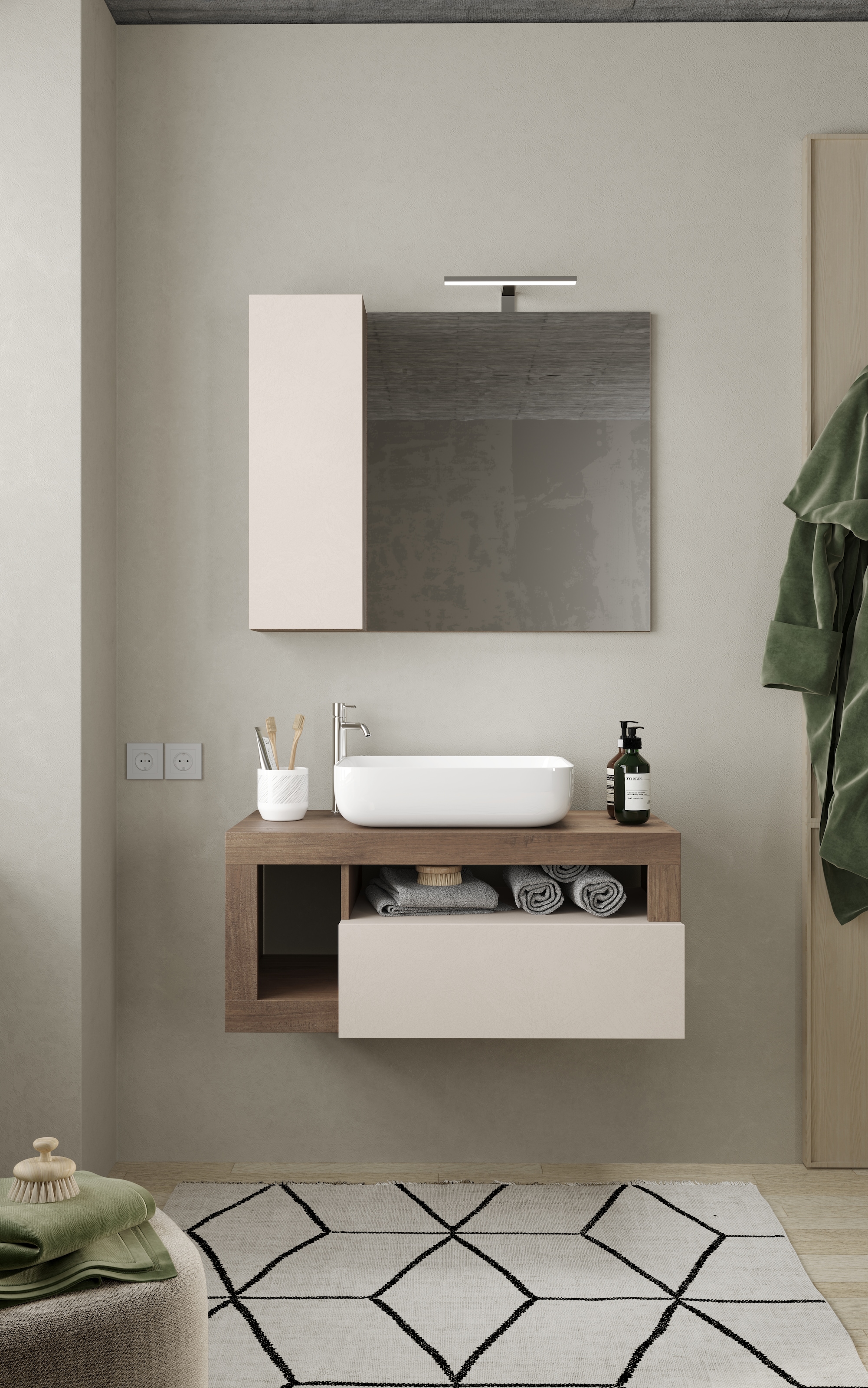 welltime Badmöbel-Set »Hamburg, Badezimmerset 2tlg. Breite 92 cm, Badmöbel, Waschtisch inkl.«, (Spar-Set, 2 St.), Waschbecken, Spiegelschrank mit LED Aufbauleuchte, Soft-Close-Funktion