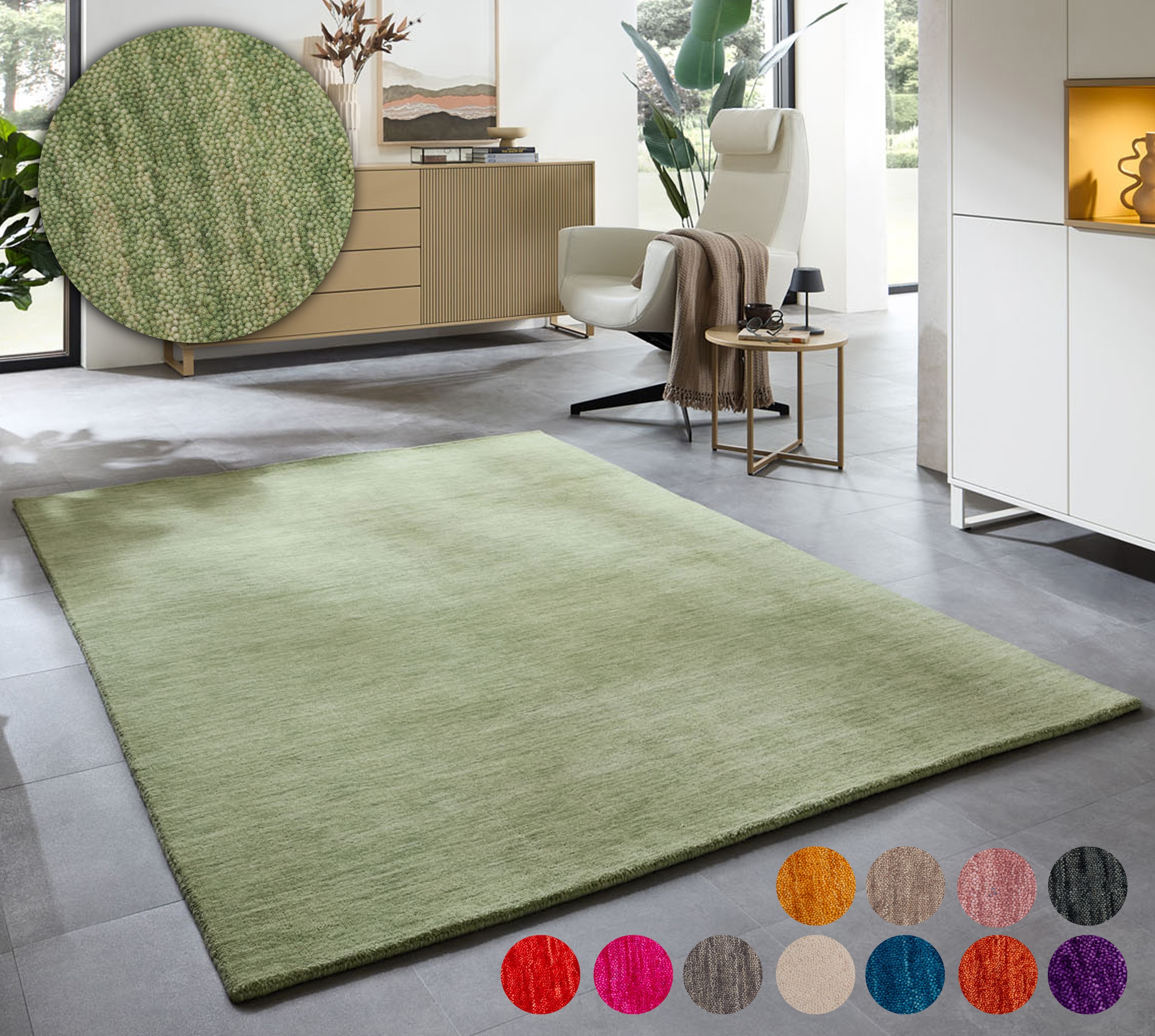 Wollteppich THEKO, B:70cm H:13mm L:140cm, grün, Schurwolle, Wohnzimmer, Teppiche, "Holi", Uni-Farben, leicht meliert, reine Wolle, handgewebt mit