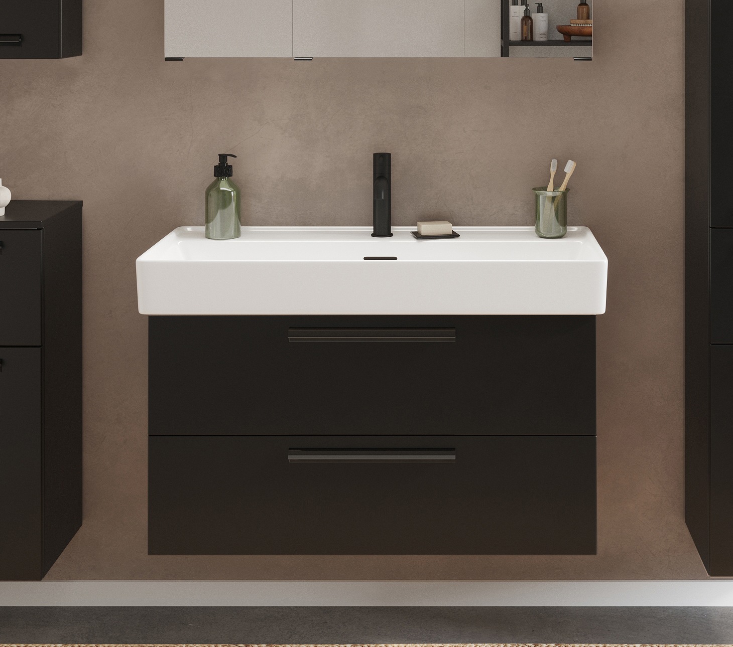 welltime Waschtisch »SALVADA, Softclose-Auszüge, Keramikbecken« Maße (B/T/H): 100/48/63 cm,  Schwarz, Lochbohrung für eine Armatur, Anti-Finger-Print