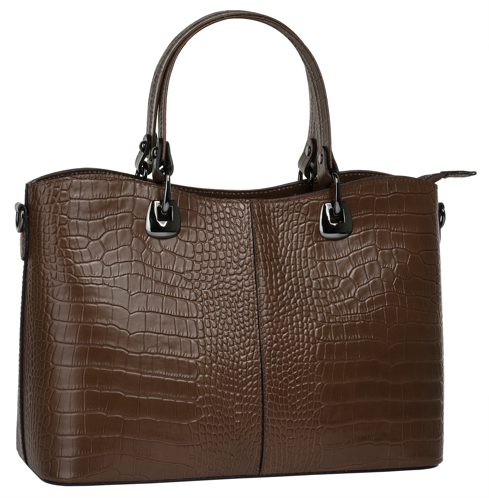 Henkeltasche CLUTY, Damen, Gr. B/H/T: 32cm x 22cm x 11cm onesize, braun, Leder, Reptilienprägung, Taschen, echt Leder, Made in Italy 2