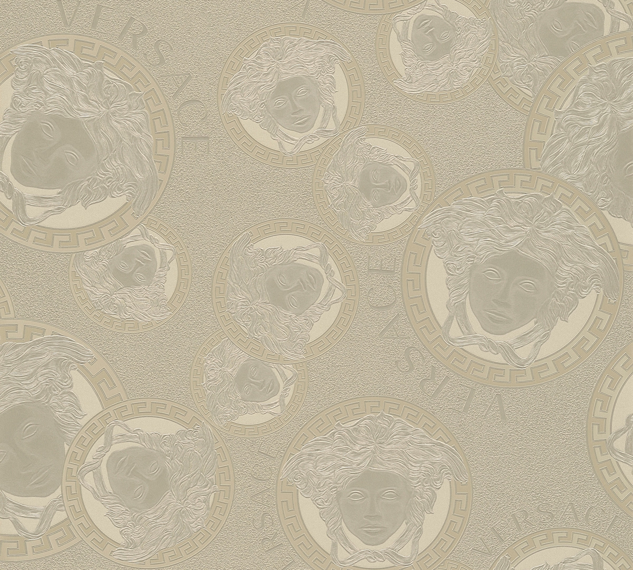 Versace "Wallpaper Versace 5 Medusakopf Metallic" glänzend hochglänzend metallic leicht strukturiert Designertapete Tapeten Wohnzimmer Schlafzimmer Küche modern Flur Optik
