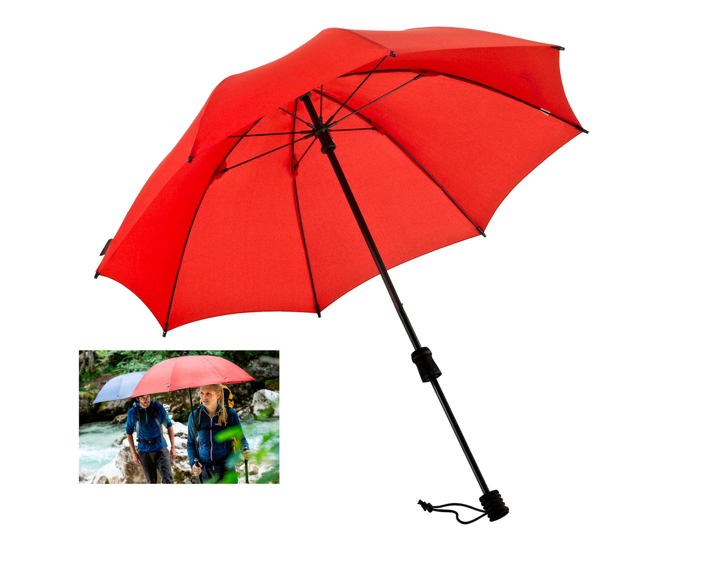Stockregenschirm »Swing handsfree, rot«, verlängerbarer Schaft, handfrei tragbar