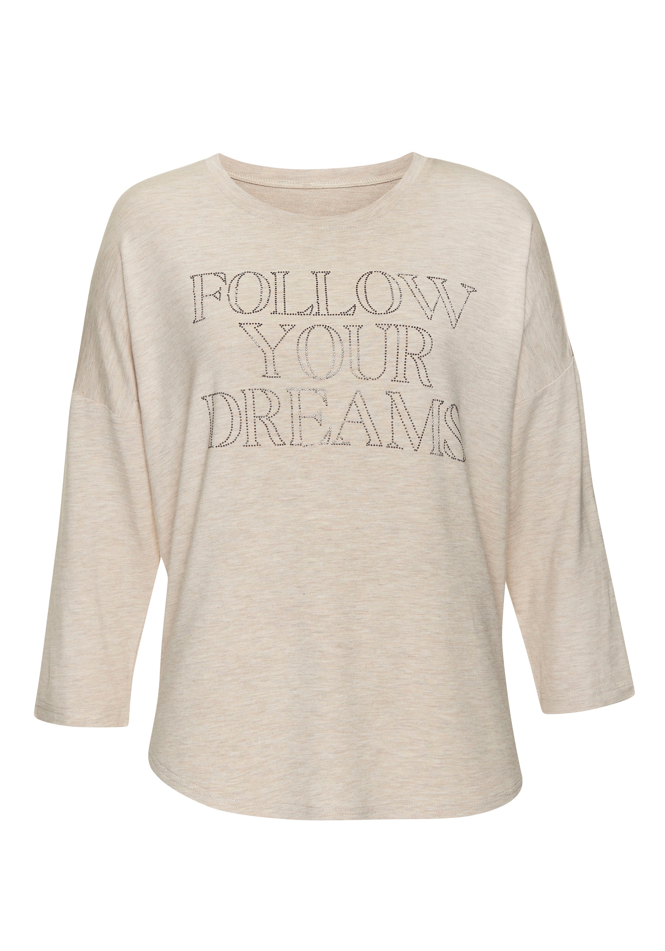 LASCANA 3/4-Arm-Shirt »mit Schriftzug aus Strasssteinen«, aus hochwertiger French Terry-Qualität aus Viskose