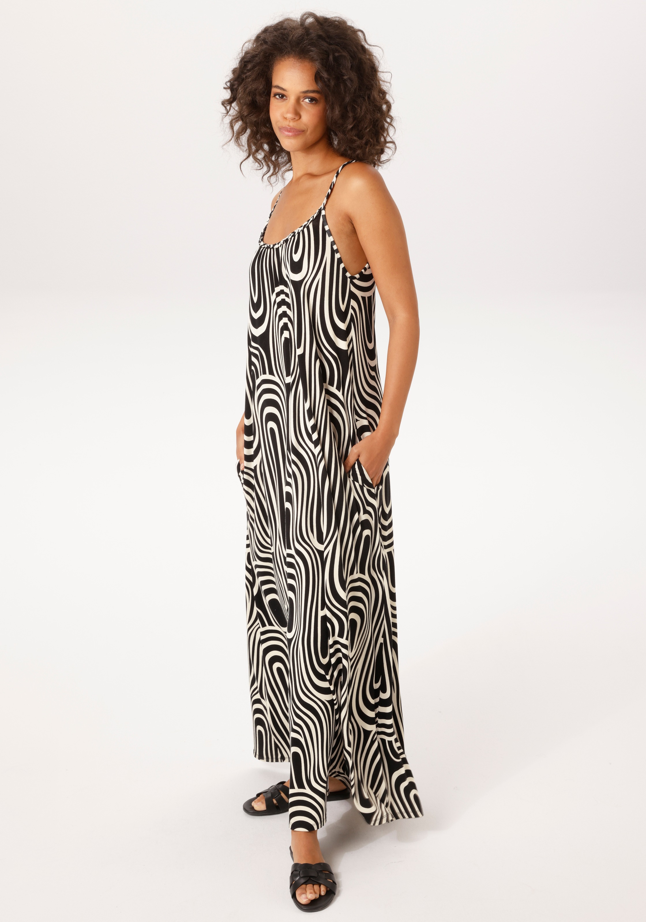 Aniston CASUAL Sommerkleid Eingrifftaschen mit geflochtenen Spagetti-Trägern - NEUE KOLLEKTION