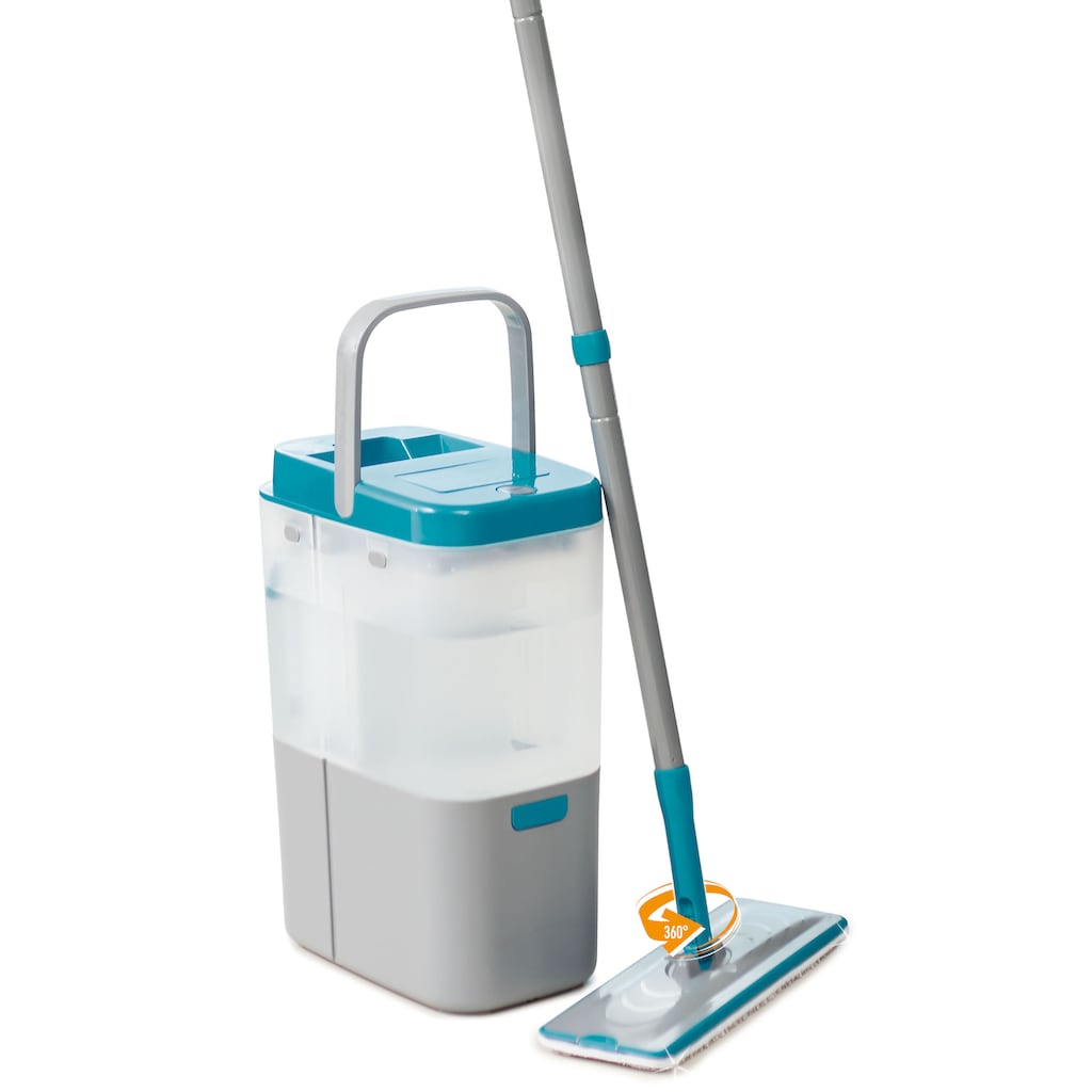 MediaShop Bodenwischer-Set »Livington Everclean Mop«, (Set, 1x Mop, 2x waschbare Mikrofaserpads), je 1x 60ml Reinigungskonzentrat für Parkett und Laminat/Fliesen