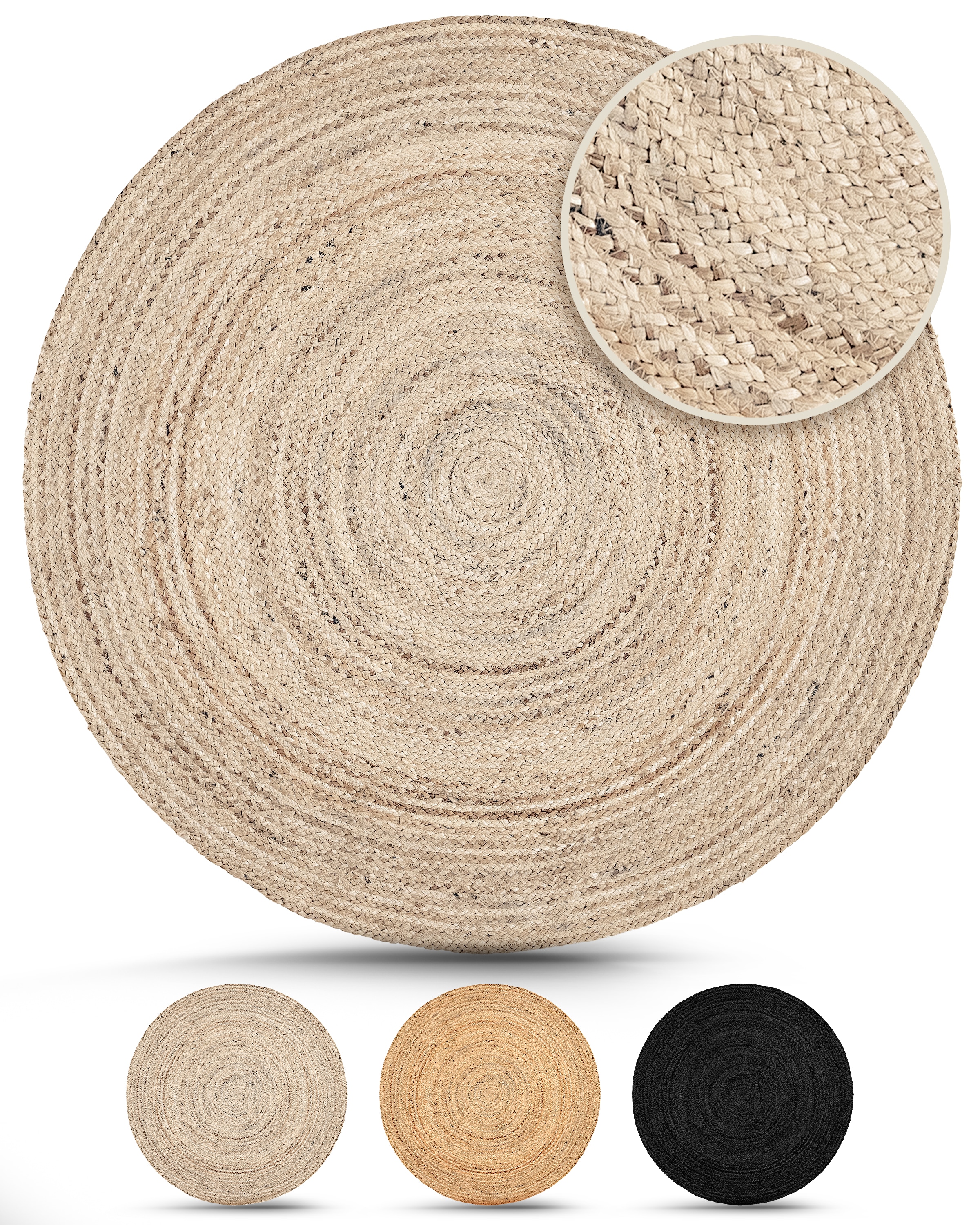 carpetfine Teppich "Nele Juteteppich Naturfaser" rund 6 mm Höhe geflochtener Wendeteppich aus 100% Jute, quadratisch und als Läufer