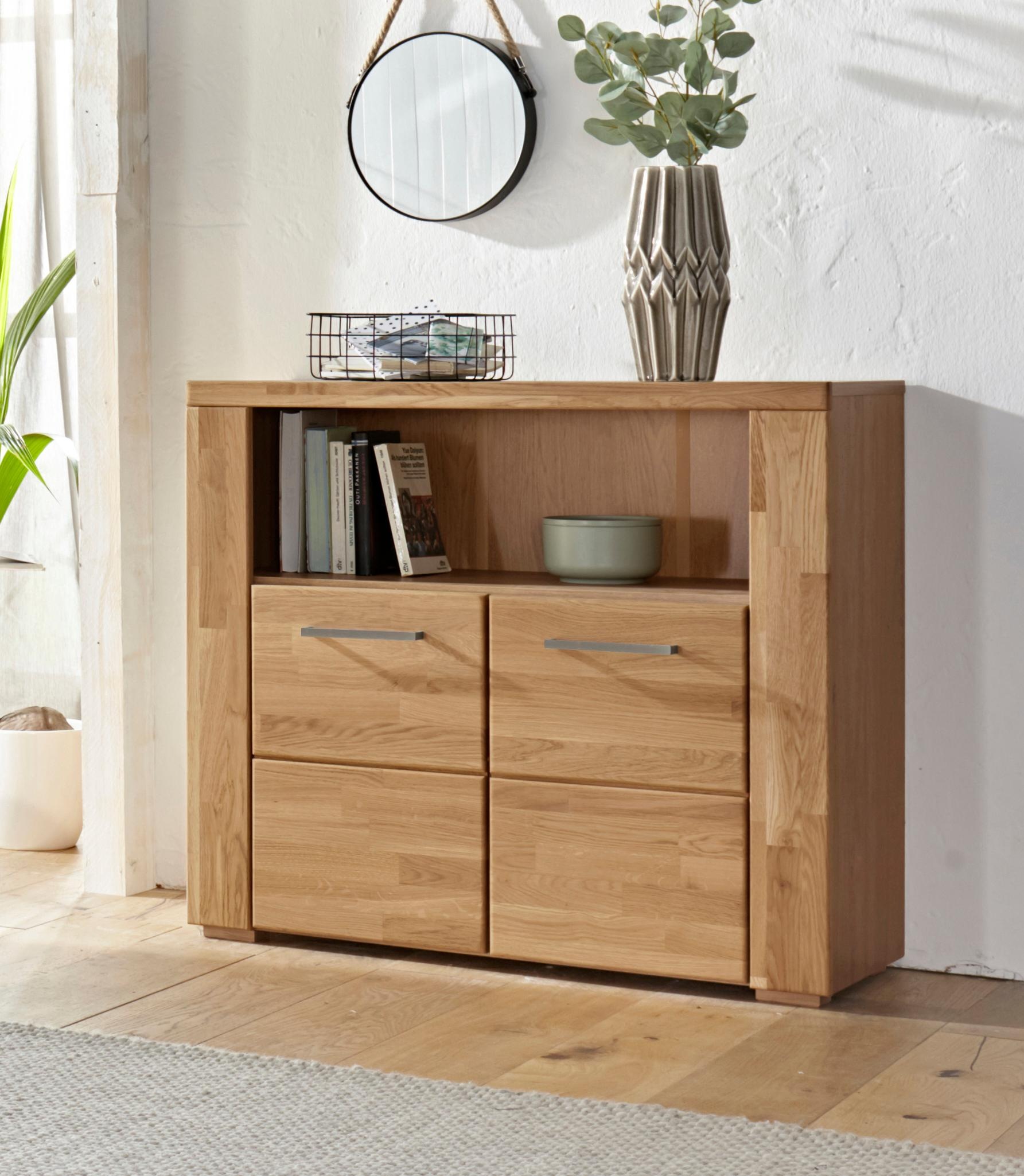 OTTO home Kommode "Celle, 90cm breit, 35cm tief, Fronten Massivholz" Holz massiv, Holzwerkstoff, Metall Griffe,3 breite Fächer