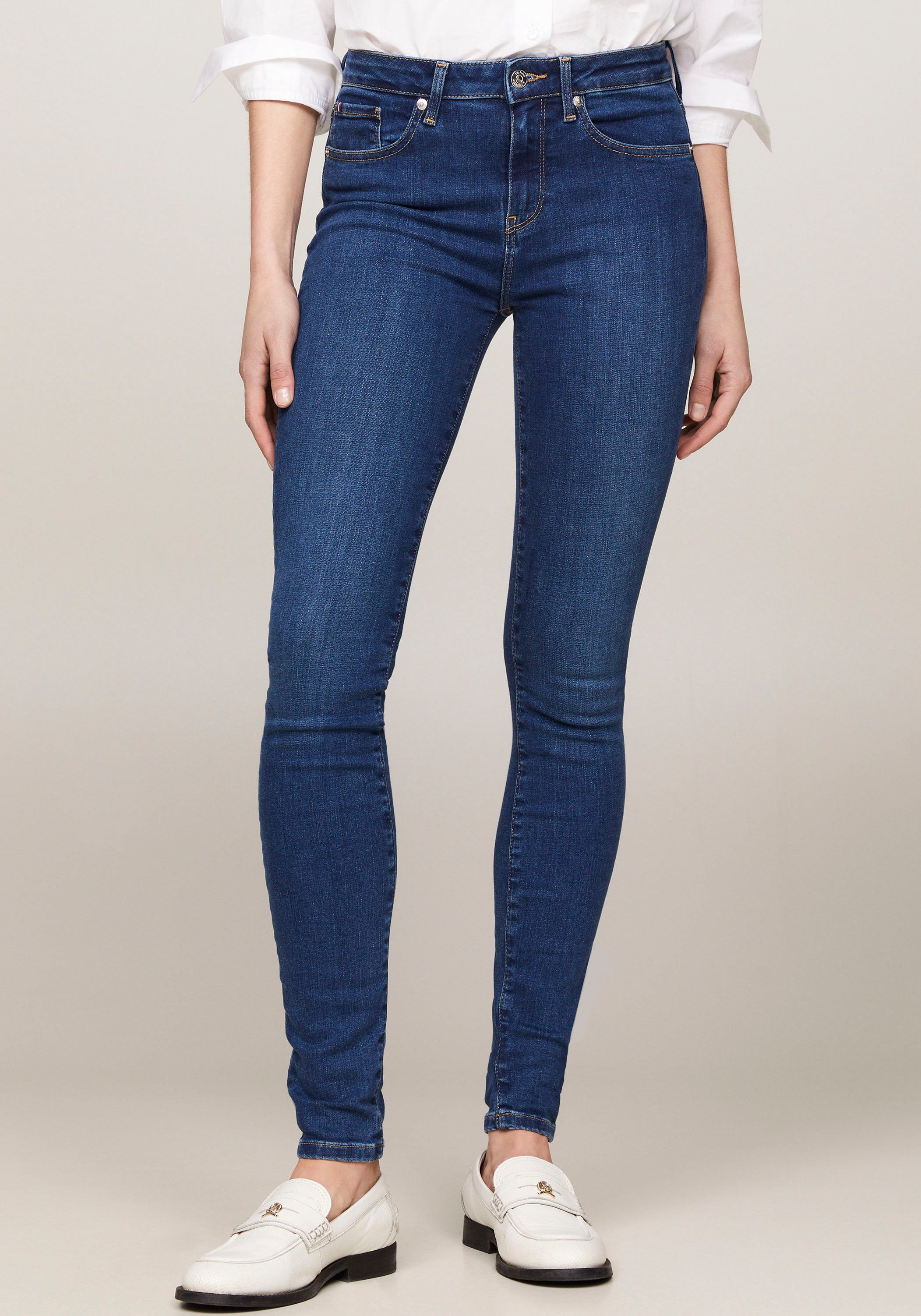 Skinny-fit-Jeans TOMMY HILFIGER "TH FLEX COMO SKINNY RW GYA" Gr. 28, Länge 28, blau (mid blue2) Damen Jeans Röhrenjeans im zeitgemäßen Design