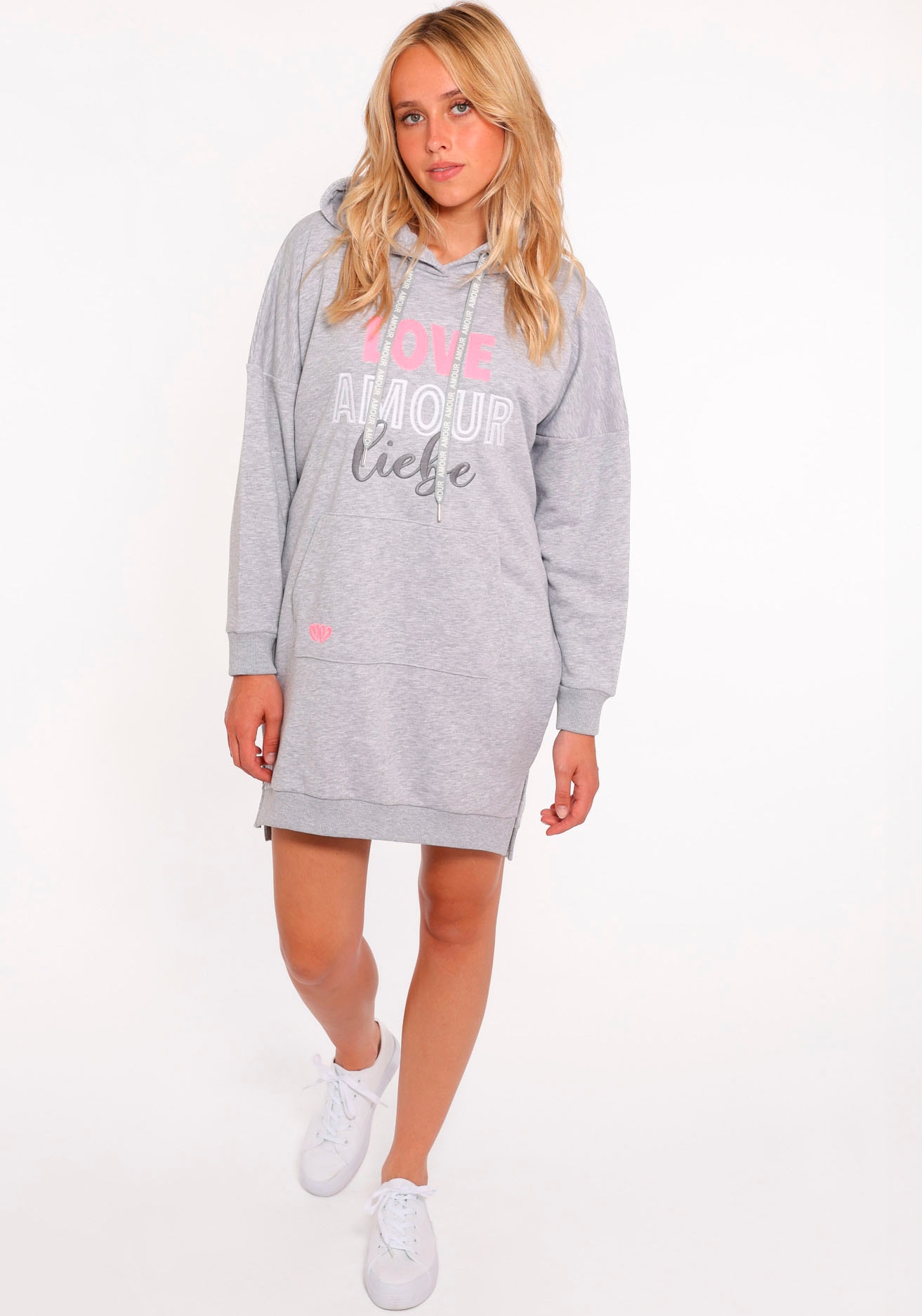 Zwillingsherz Sweatkleid ""Love Amour Liebe"", mit praktischen Fronttaschen und bedruckter Kordel