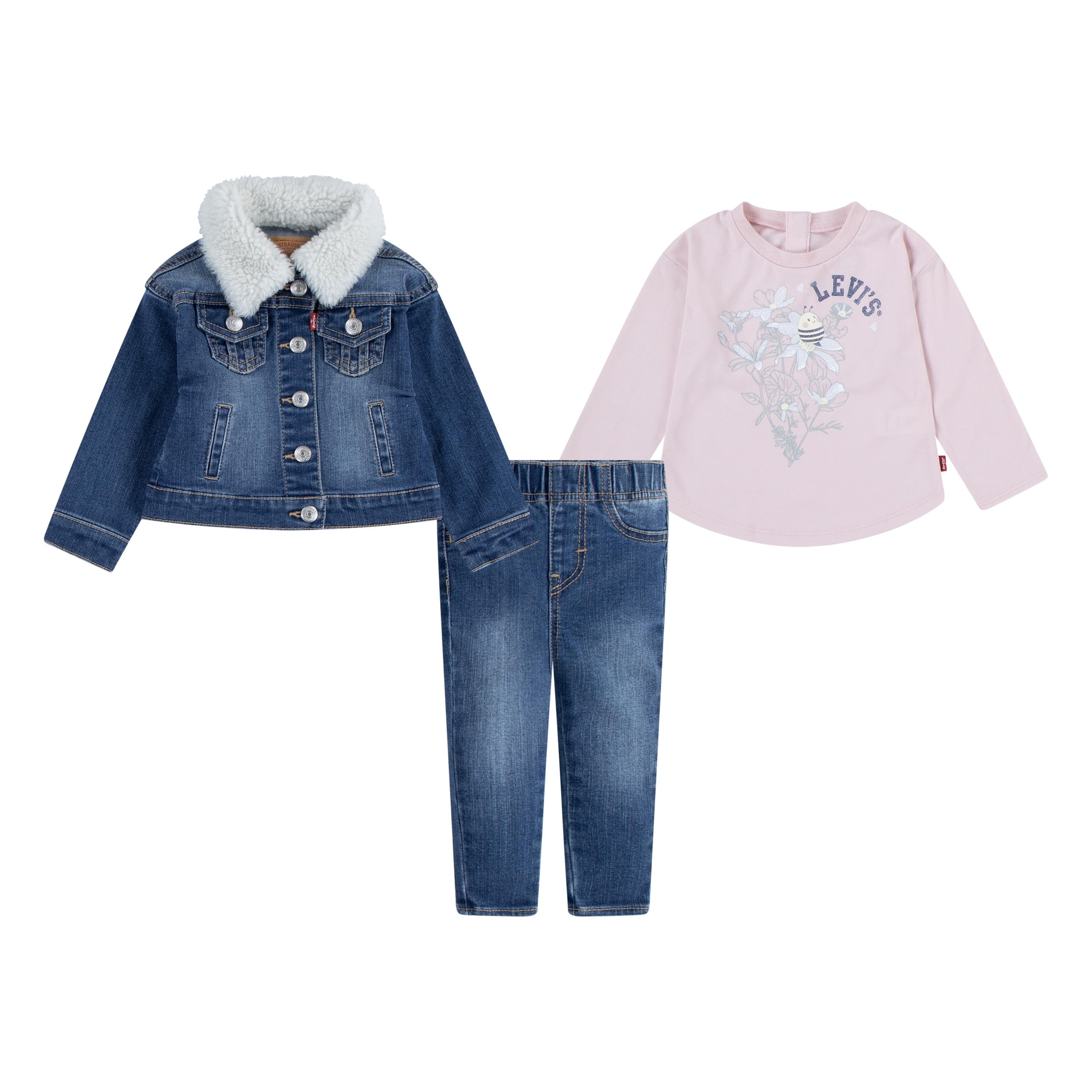 Shirt, Hose & Jäckchen LEVI'S KIDS "LVG 3PC SHERPA TRUCKER & JEAN", Mädchen, Gr. 24M (92), lotus, Denim/Jeans, Obermaterial: 54% Baumwolle, 27% Polyester, 17% Viskose, 2% Elasthan. Obermaterial 2: 60% Baumwolle, 40% Polyester, KOB Set-Artikel, im Jeans-Lo