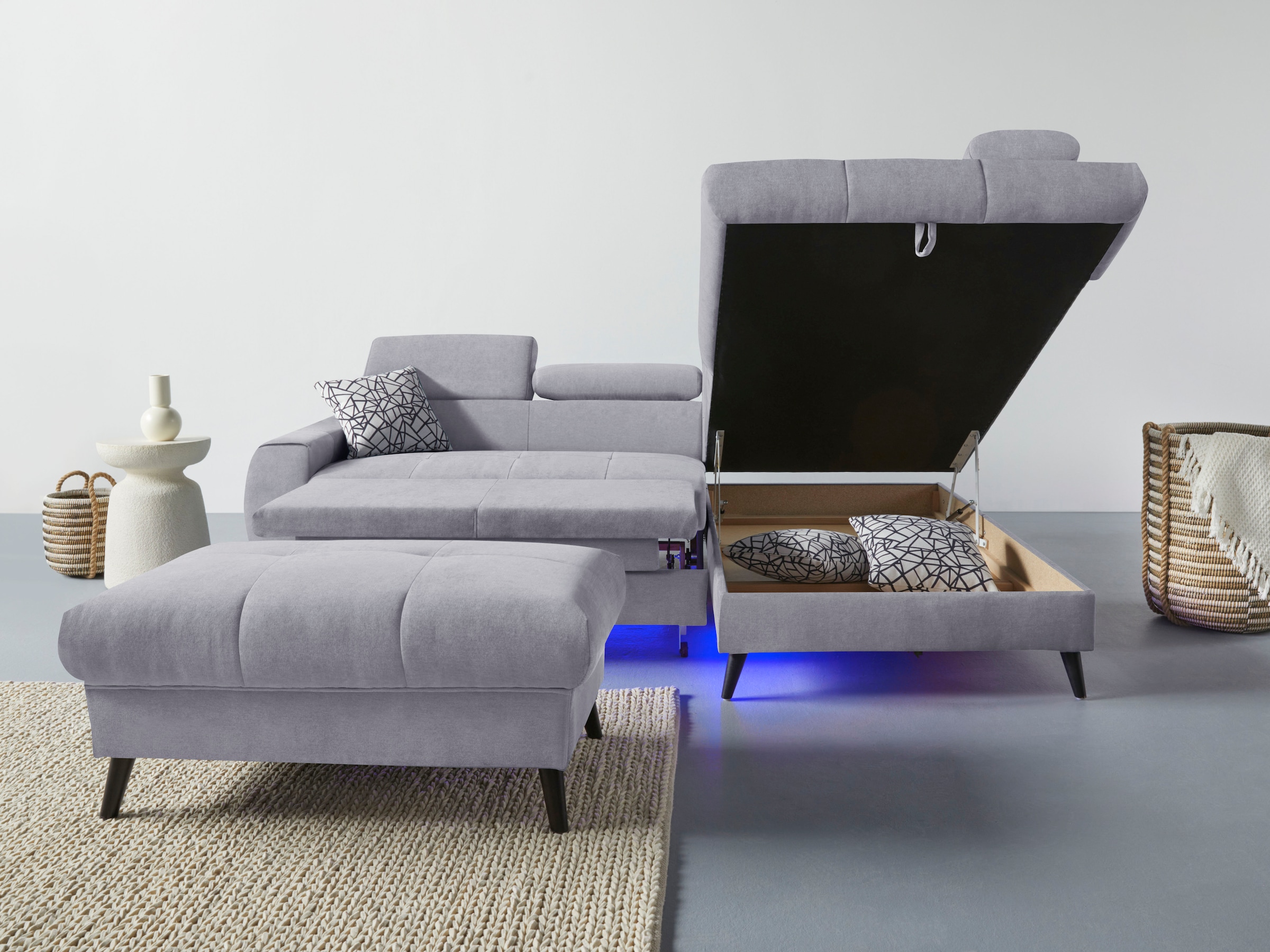 COTTA Ecksofa »Mia L-Form mit 3 Zierkissen«, wahlweise mit Bettfunktion, Bettkasten, Beleuchtung & Wireless-Charger